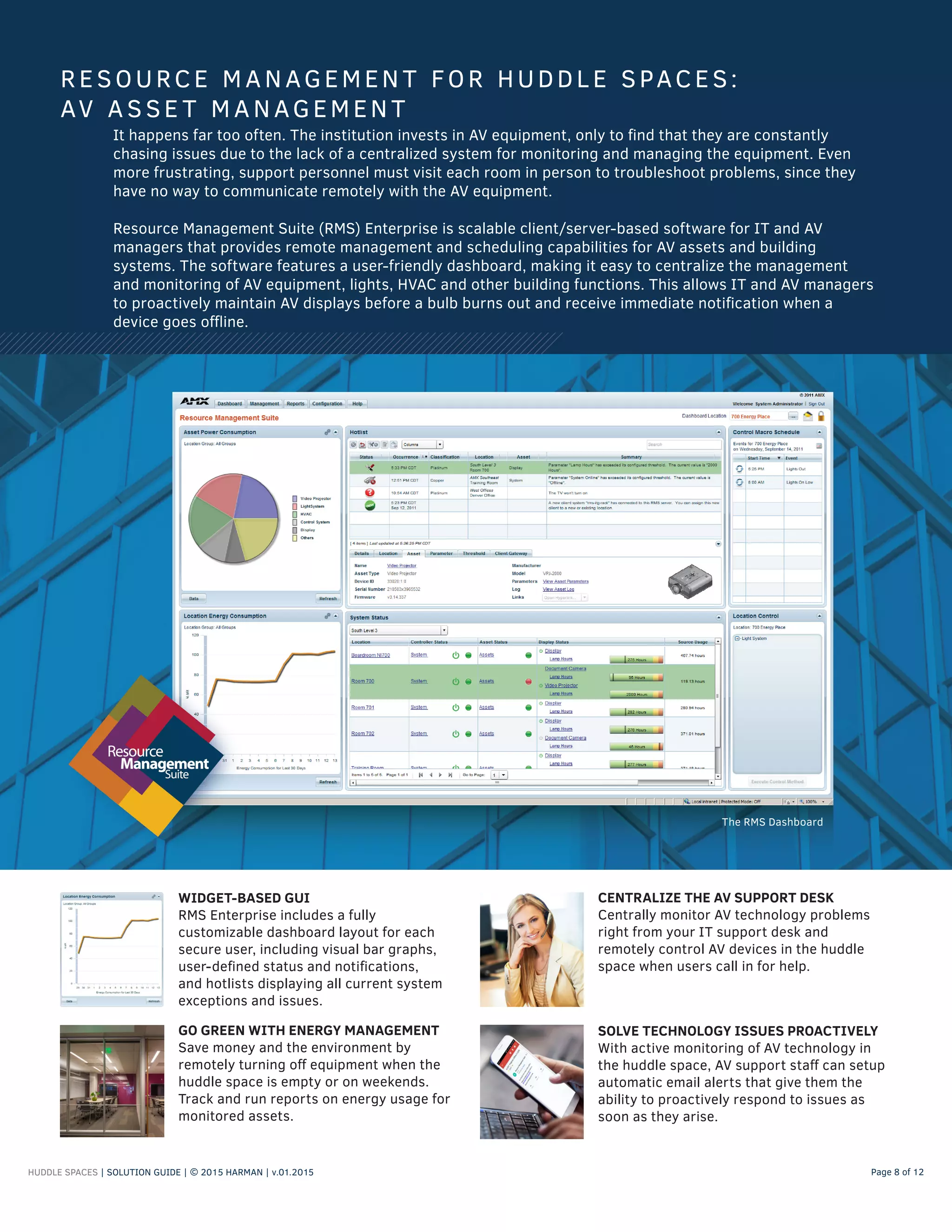 HUDDLE SPACES | SOLUTION GUIDE | © 2015 HARMAN | v.01.2015 Page 8 of 12
WIDGET-BASED GUI
RMS Enterprise includes a fully
customizable dashboard layout for each
secure user, including visual bar graphs,
user-defined status and notifications,
and hotlists displaying all current system
exceptions and issues.
It happens far too often. The institution invests in AV equipment, only to find that they are constantly
chasing issues due to the lack of a centralized system for monitoring and managing the equipment. Even
more frustrating, support personnel must visit each room in person to troubleshoot problems, since they
have no way to communicate remotely with the AV equipment.
Resource Management Suite (RMS) Enterprise is scalable client/server-based software for IT and AV
managers that provides remote management and scheduling capabilities for AV assets and building
systems. The software features a user-friendly dashboard, making it easy to centralize the management
and monitoring of AV equipment, lights, HVAC and other building functions. This allows IT and AV managers
to proactively maintain AV displays before a bulb burns out and receive immediate notification when a
device goes offline.
RESOURCE MANAGEMEN T FOR HUDDL E SPACES:
AV A S SE T MA NAGEMEN T
CENTRALIZE THE AV SUPPORT DESK
Centrally monitor AV technology problems
right from your IT support desk and
remotely control AV devices in the huddle
space when users call in for help.
GO GREEN WITH ENERGY MANAGEMENT
Save money and the environment by
remotely turning off equipment when the
huddle space is empty or on weekends.
Track and run reports on energy usage for
monitored assets.
SOLVE TECHNOLOGY ISSUES PROACTIVELY
With active monitoring of AV technology in
the huddle space, AV support staff can setup
automatic email alerts that give them the
ability to proactively respond to issues as
soon as they arise.
The RMS Dashboard
 