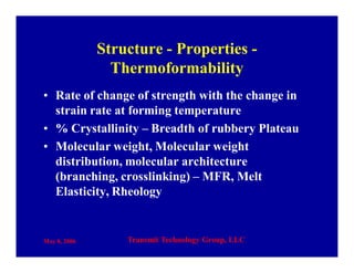 May 8, 2006 Transmit Technology Group, LLC
Structure - Properties -
Thermoformability
• Rate of change of strength with the change in
strain rate at forming temperature
• % Crystallinity – Breadth of rubbery Plateau
• Molecular weight, Molecular weight
distribution, molecular architecture
(branching, crosslinking) – MFR, Melt
Elasticity, Rheology
 
