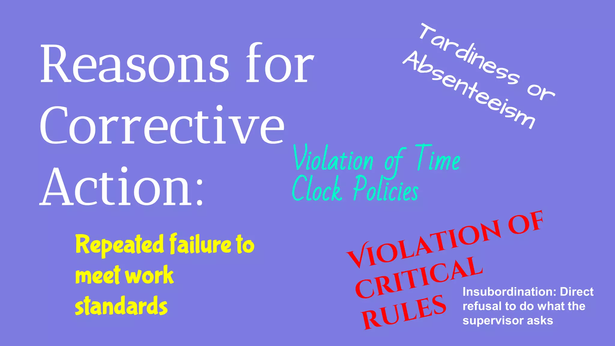 Reasons for
Corrective
Action:
Violation of Time
Clock Policies
Repeated failure to
meet work
standards
Insubordination: Direct
refusal to do what the
supervisor asks
 