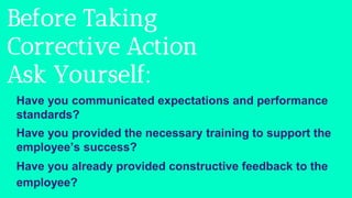 Before Taking
Corrective Action
Ask Yourself:
Have you communicated expectations and performance
standards?
Have you provided the necessary training to support the
employee’s success?
Have you already provided constructive feedback to the
employee?
 