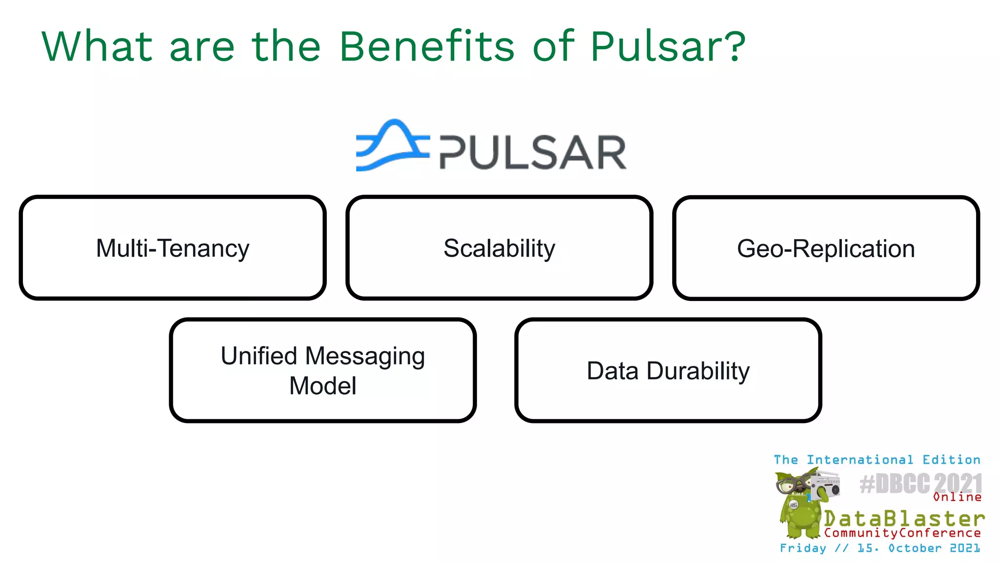 What are the Beneﬁts of Pulsar?
Data Durability
Scalability Geo-Replication
Multi-Tenancy
Unified Messaging
Model
 