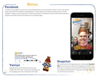 16
Social
Facebook
In order to encourage consumers to try new Snapple flavors, we recommend a series of short, fast-motion
videos optimized for Facebook’s autoplay feature. These videos will introduce creative ways to include
Snapple in recipes such as popscicles, cocktails and desserts. A collection of these videos will be posted on
Snapple’s YouTube channel and shared via our Facebook page.
snapple
snapple u.Your taste is everything that makes you, you
Define your taste for free by clicking on the coupon!
#Embrace YourTaste#Embrace YourTaste
COUPON
...for free
Snapchat
We recommend that Snapple sponsor a nationwide Snapchat
filter for consumers to share their Snapply personalities. The
filter will run during the second week of October to build from
the traditional advertisements consumers have been exposed
to over the past six months.
Twitter
Snapple will promote National Diversity Day,
October 6th 2017 with a sponsored hashtag emoji
encouraging consumers to embrace their taste.
 