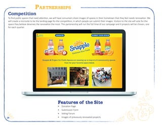 18
Partnerships
Is your community in need of a refreshment?
Snapple and PFPP is teaming up to renovate 6
public spaces. Nominate your public space today!
NOMINATE HERE
DONATE SUBMIT YOUR SPACE
Snapple & Project for Public Spaces are teaming up to improve 6 commmunity spaces.
Vote for your favorite space below.
11,210 10,234 9,432
8,701 5,333 4,902
Competition
To find public spaces that need attention, we will have consumers share images of spaces in their hometown that they feel needs renovation. We
will create a microsite to be the landing page for the competition, in which people can submit their images. Visitors to the site will vote for the
space they believe deserves the renovation the most. This partenership will run the full time of our campaign and 4 projects will be chosen, one
for each quarter.
Features of the Site
•	 Donation Page
•	 Submission Form
•	 Voting Forum
•	 Images of previously renovated projects
 