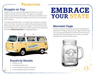 20
Promotions
Souvenir Cups
Souvenir cups will be created by local artists and designed to
represent the “Snapply” essence of each region the truck visits.
The cups can be purchased for $3, which will cover the cost of
unlimited refills. All proceeds from the souvenir cups will be
donated to the Project for Public Spaces.
EMBRACE
YOUR STATE
Snapple on Tap
Snapple on Tap is a customized beverage truck that will visit cities,
retailers and events across the nation. Throughout our campaign,
Snapple on Tap will drive trial outside the Heartland and reinforce brand
loyalty inside the Heartland by creating unique, face-to-face connections
with consumers.
The vehicle will be decorated in a “Snapply” way and feature a dry-erase
wall on both sides. Consumers can write on these walls about what they
believe makes their state unique and “Snapply.” To receive a free sample
from the Snapple taps, consumers will need to post on social media using
the hashtag #EmbraceYourState and tagging @Snapple.
Roadtrip Details
•	 10 flavors on tap
•	 3 Snapple beverage trucks
•	 2 trucks traveling outside the Heartland
•	 1 truck stationed inside the Heartland
 