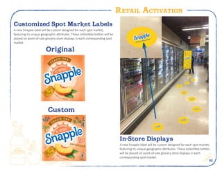 23
Retail Activation
Customized Spot Market Labels
A new Snapple label will be custom designed for each spot market,
featuring its unique geographic attributes. These collectible bottles will be
placed on point-of-sale grocery store displays in each corresponding spot
market.
In-Store Displays
A new Snapple label will be custom designed for each spot market,
featuring its unique geographic attributes. These collectible bottles
will be placed on point-of-sale grocery store displays in each
corresponding spot market.
Original
Custom
 