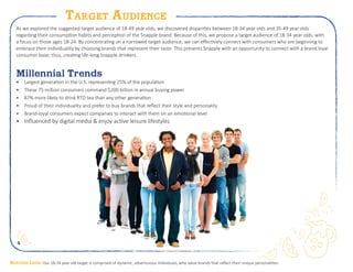 4
Target Audience
As we explored the suggested target audience of 18-49 year olds, we discovered disparities between 18-34 year olds and 35-49 year olds
regarding their consumption habits and perception of the Snapple brand. Because of this, we propose a target audience of 18-34 year olds, with
a focus on those ages 18-24. By concentrating on a narrowed target audience, we can effectively connect with consumers who are beginning to
embrace their individuality by choosing brands that represent their taste. This presents Snapple with an opportunity to connect with a brand loyal
consumer base; thus, creating life-long Snapple drinkers.
Millennial Trends
•	 Largest generation in the U.S. representing 25% of the population
•	 These 75 million consumers command $200 billion in annual buying power
•	 87% more likely to drink RTD tea than any other generation
•	 Proud of their individuality and prefer to buy brands that reflect their style and personality
•	 Brand-loyal consumers expect companies to interact with them on an emotional level
•	 Influenced by digital media & enjoy active leisure lifestyles
Bottom Line: Our 18-34 year old target is comprised of dynamic, adventurous individuals, who value brands that reflect their unique personalities.
 