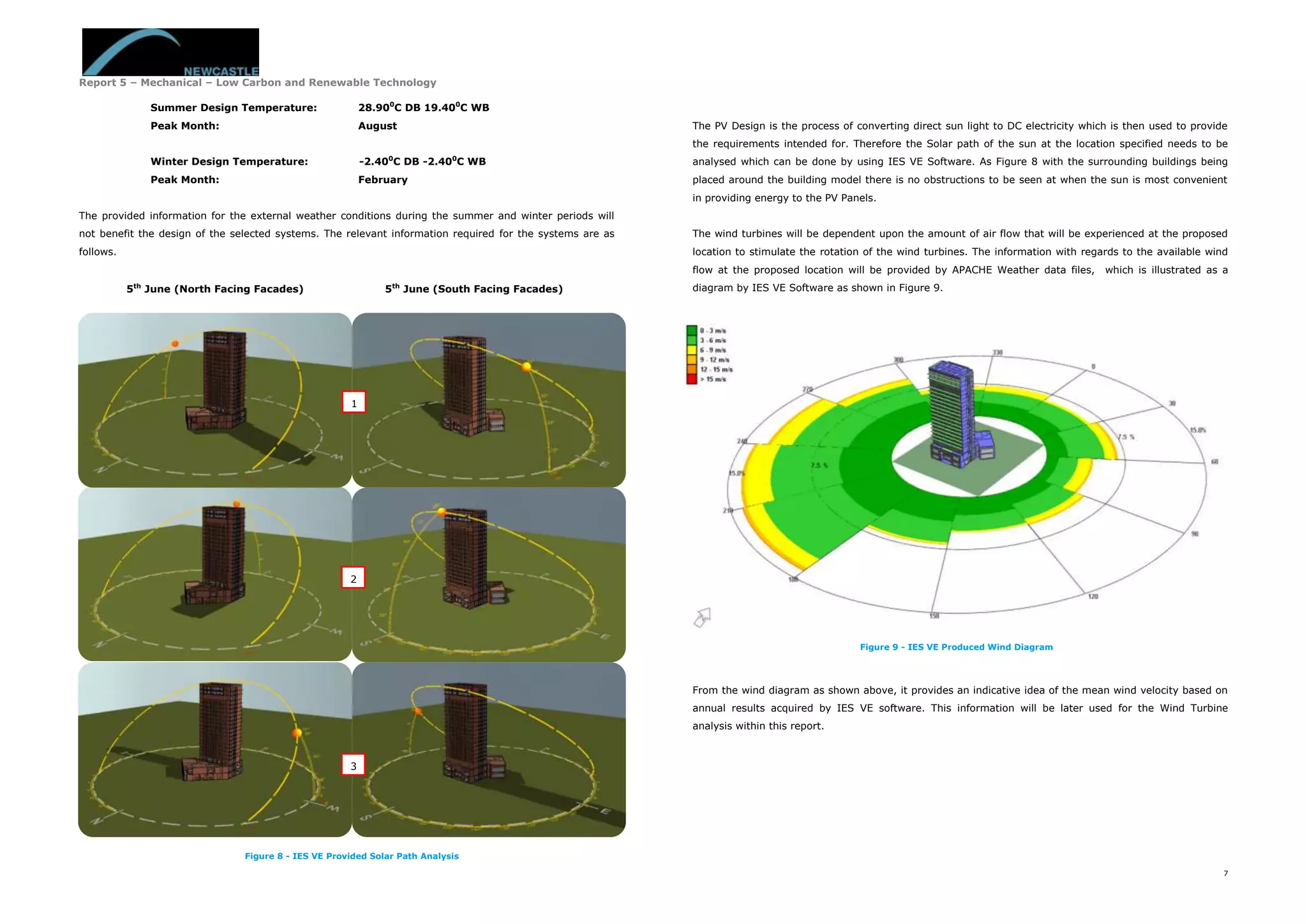Report 5 – Mechanical – Low Carbon and Renewable Technology
7
Figure 8 - IES VE Provided Solar Path Analysis
Summer Design Temperature: 28.900
C DB 19.400
C WB
Peak Month: August
Winter Design Temperature: -2.400
C DB -2.400
C WB
Peak Month: February
The provided information for the external weather conditions during the summer and winter periods will
not benefit the design of the selected systems. The relevant information required for the systems are as
follows.
5th
June (North Facing Facades) 5th
June (South Facing Facades)
The PV Design is the process of converting direct sun light to DC electricity which is then used to provide
the requirements intended for. Therefore the Solar path of the sun at the location specified needs to be
analysed which can be done by using IES VE Software. As Figure 8 with the surrounding buildings being
placed around the building model there is no obstructions to be seen at when the sun is most convenient
in providing energy to the PV Panels.
The wind turbines will be dependent upon the amount of air flow that will be experienced at the proposed
location to stimulate the rotation of the wind turbines. The information with regards to the available wind
flow at the proposed location will be provided by APACHE Weather data files, which is illustrated as a
diagram by IES VE Software as shown in Figure 9.
From the wind diagram as shown above, it provides an indicative idea of the mean wind velocity based on
annual results acquired by IES VE software. This information will be later used for the Wind Turbine
analysis within this report.
1
3
2
Figure 9 - IES VE Produced Wind Diagram
 