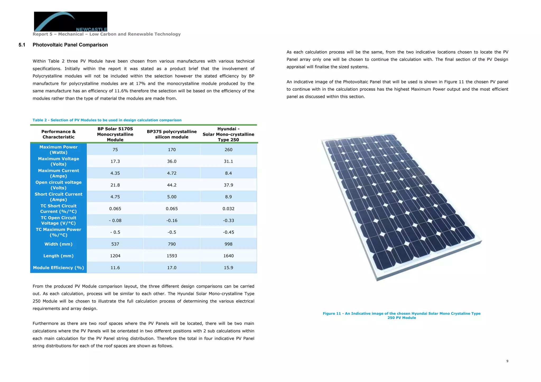 Report 5 – Mechanical – Low Carbon and Renewable Technology
9
5.1 Photovoltaic Panel Comparison
Within Table 2 three PV Module have been chosen from various manufactures with various technical
specifications. Initially within the report it was stated as a product brief that the involvement of
Polycrystalline modules will not be included within the selection however the stated efficiency by BP
manufacture for polycrystalline modules are at 17% and the monocrystalline module produced by the
same manufacture has an efficiency of 11.6% therefore the selection will be based on the efficiency of the
modules rather than the type of material the modules are made from.
Table 2 - Selection of PV Modules to be used in design calculation comparison
Performance &
Characteristic
BP Solar 5170S
Monocrystalline
Module
BP375 polycrystalline
silicon module
Hyundai -
Solar Mono-crystalline
Type 250
Maximum Power
(Watts)
75 170 260
Maximum Voltage
(Volts)
17.3 36.0 31.1
Maximum Current
(Amps)
4.35 4.72 8.4
Open circuit voltage
(Volts)
21.8 44.2 37.9
Short Circuit Current
(Amps)
4.75 5.00 8.9
TC Short Circuit
Current (%/°C)
0.065 0.065 0.032
TC Open Circuit
Voltage (V/°C)
- 0.08 -0.16 -0.33
TC Maximum Power
(%/°C)
- 0.5 -0.5 -0.45
Width (mm) 537 790 998
Length (mm) 1204 1593 1640
Module Efficiency (%) 11.6 17.0 15.9
From the produced PV Module comparison layout, the three different design comparisons can be carried
out. As each calculation, process will be similar to each other. The Hyundai Solar Mono-crystalline Type
250 Module will be chosen to illustrate the full calculation process of determining the various electrical
requirements and array design.
Furthermore as there are two roof spaces where the PV Panels will be located, there will be two main
calculations where the PV Panels will be orientated in two different positions with 2 sub calculations within
each main calculation for the PV Panel string distribution. Therefore the total in four indicative PV Panel
string distributions for each of the roof spaces are shown as follows.
As each calculation process will be the same, from the two indicative locations chosen to locate the PV
Panel array only one will be chosen to continue the calculation with. The final section of the PV Design
appraisal will finalise the sized systems.
An indicative image of the Photovoltaic Panel that will be used is shown in Figure 11 the chosen PV panel
to continue with in the calculation process has the highest Maximum Power output and the most efficient
panel as discussed within this section.
Figure 11 - An Indicative image of the chosen Hyundai Solar Mono Crystaline Type
250 PV Module
 