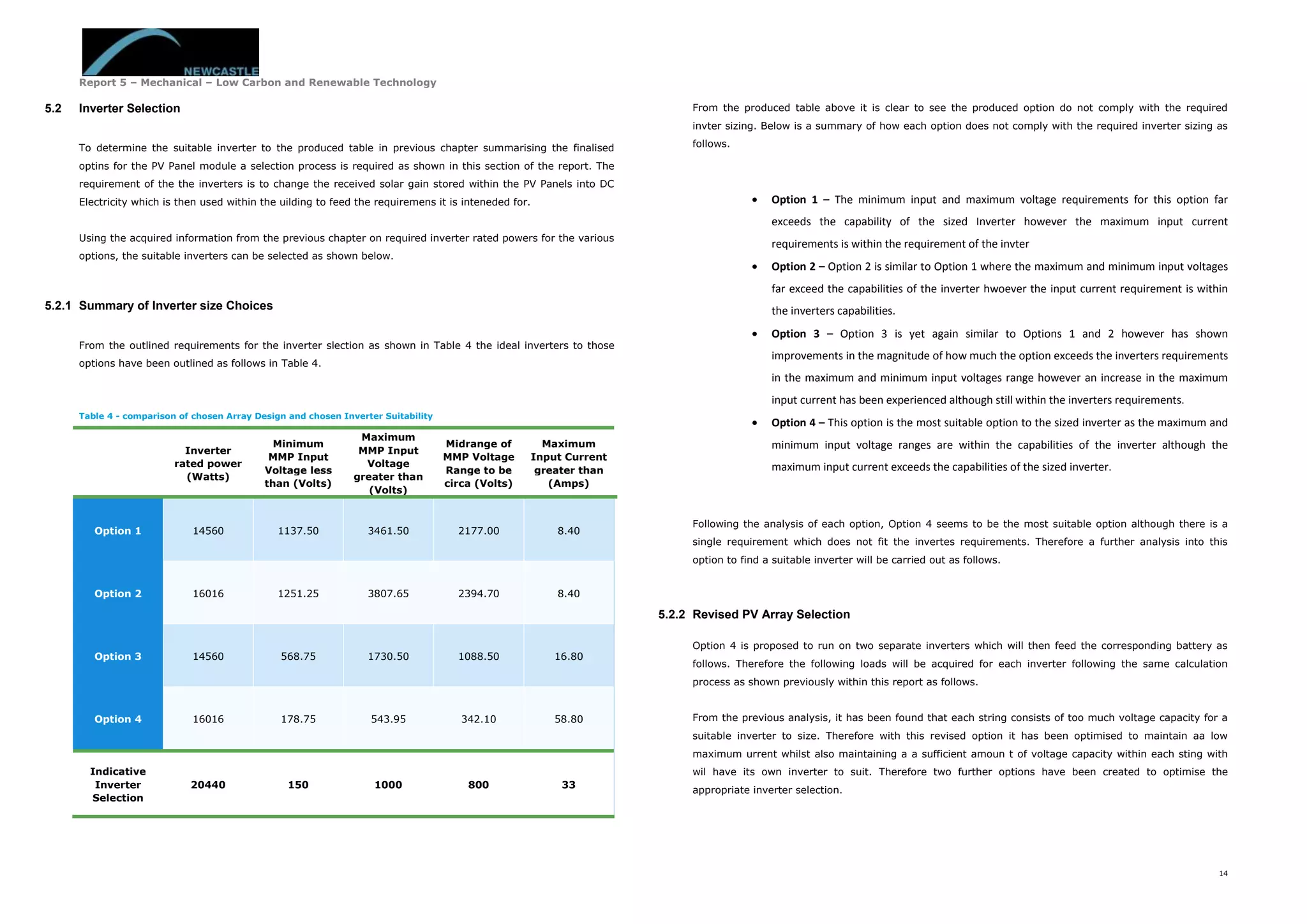 Report 5 – Mechanical – Low Carbon and Renewable Technology
14
5.2 Inverter Selection
To determine the suitable inverter to the produced table in previous chapter summarising the finalised
optins for the PV Panel module a selection process is required as shown in this section of the report. The
requirement of the the inverters is to change the received solar gain stored within the PV Panels into DC
Electricity which is then used within the uilding to feed the requiremens it is inteneded for.
Using the acquired information from the previous chapter on required inverter rated powers for the various
options, the suitable inverters can be selected as shown below.
5.2.1 Summary of Inverter size Choices
From the outlined requirements for the inverter slection as shown in Table 4 the ideal inverters to those
options have been outlined as follows in Table 4.
Table 4 - comparison of chosen Array Design and chosen Inverter Suitability
Inverter
rated power
(Watts)
Minimum
MMP Input
Voltage less
than (Volts)
Maximum
MMP Input
Voltage
greater than
(Volts)
Midrange of
MMP Voltage
Range to be
circa (Volts)
Maximum
Input Current
greater than
(Amps)
Option 1 14560 1137.50 3461.50 2177.00 8.40
Option 2 16016 1251.25 3807.65 2394.70 8.40
Option 3 14560 568.75 1730.50 1088.50 16.80
Option 4 16016 178.75 543.95 342.10 58.80
Indicative
Inverter
Selection
20440 150 1000 800 33
From the produced table above it is clear to see the produced option do not comply with the required
invter sizing. Below is a summary of how each option does not comply with the required inverter sizing as
follows.
 Option 1 – The minimum input and maximum voltage requirements for this option far
exceeds the capability of the sized Inverter however the maximum input current
requirements is within the requirement of the invter
 Option 2 – Option 2 is similar to Option 1 where the maximum and minimum input voltages
far exceed the capabilities of the inverter hwoever the input current requirement is within
the inverters capabilities.
 Option 3 – Option 3 is yet again similar to Options 1 and 2 however has shown
improvements in the magnitude of how much the option exceeds the inverters requirements
in the maximum and minimum input voltages range however an increase in the maximum
input current has been experienced although still within the inverters requirements.
 Option 4 – This option is the most suitable option to the sized inverter as the maximum and
minimum input voltage ranges are within the capabilities of the inverter although the
maximum input current exceeds the capabilities of the sized inverter.
Following the analysis of each option, Option 4 seems to be the most suitable option although there is a
single requirement which does not fit the invertes requirements. Therefore a further analysis into this
option to find a suitable inverter will be carried out as follows.
5.2.2 Revised PV Array Selection
Option 4 is proposed to run on two separate inverters which will then feed the corresponding battery as
follows. Therefore the following loads will be acquired for each inverter following the same calculation
process as shown previously within this report as follows.
From the previous analysis, it has been found that each string consists of too much voltage capacity for a
suitable inverter to size. Therefore with this revised option it has been optimised to maintain aa low
maximum urrent whilst also maintaining a a sufficient amoun t of voltage capacity within each sting with
wil have its own inverter to suit. Therefore two further options have been created to optimise the
appropriate inverter selection.
 
