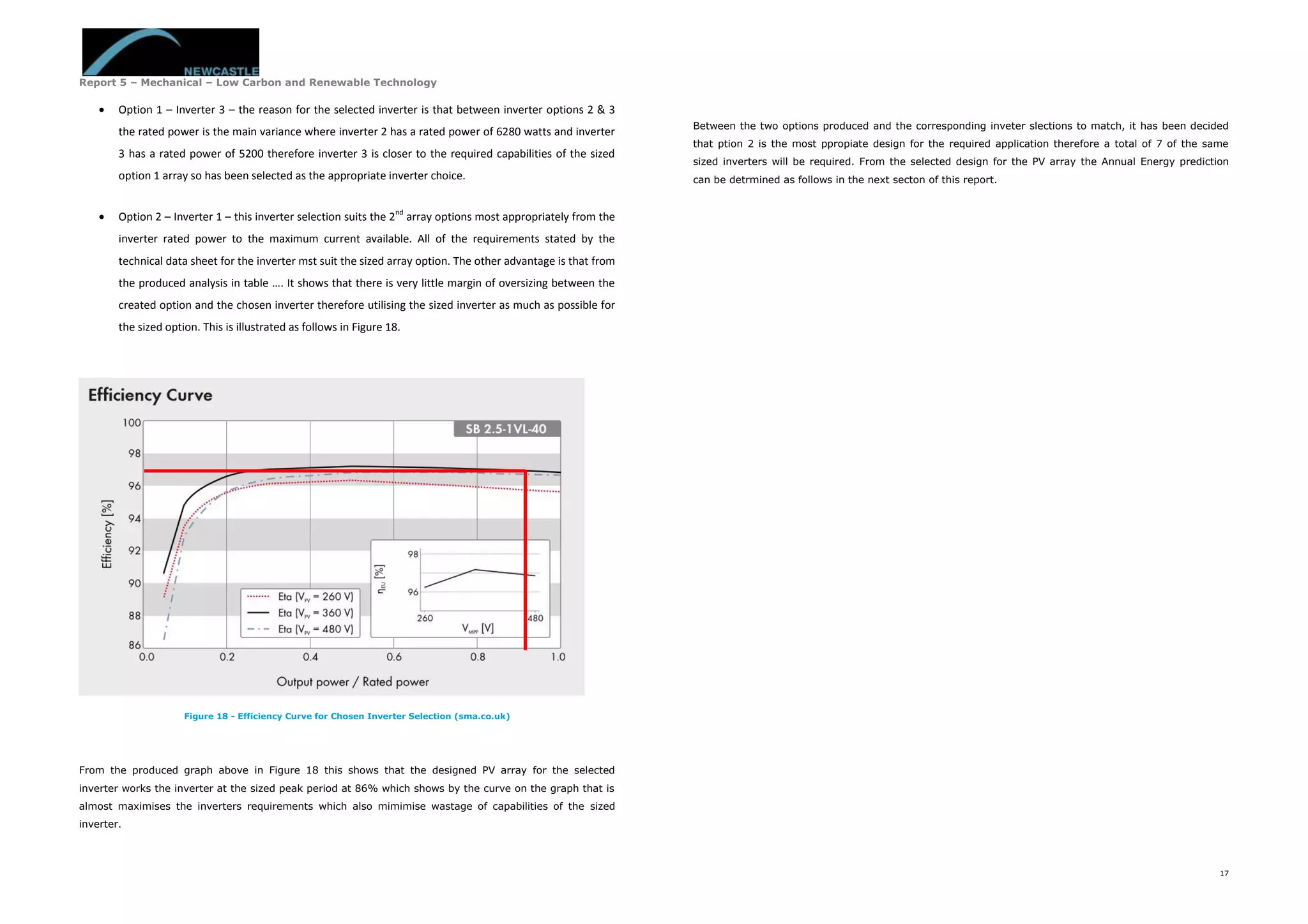 Report 5 – Mechanical – Low Carbon and Renewable Technology
17
 Option 1 – Inverter 3 – the reason for the selected inverter is that between inverter options 2 & 3
the rated power is the main variance where inverter 2 has a rated power of 6280 watts and inverter
3 has a rated power of 5200 therefore inverter 3 is closer to the required capabilities of the sized
option 1 array so has been selected as the appropriate inverter choice.
 Option 2 – Inverter 1 – this inverter selection suits the 2nd
array options most appropriately from the
inverter rated power to the maximum current available. All of the requirements stated by the
technical data sheet for the inverter mst suit the sized array option. The other advantage is that from
the produced analysis in table …. It shows that there is very little margin of oversizing between the
created option and the chosen inverter therefore utilising the sized inverter as much as possible for
the sized option. This is illustrated as follows in Figure 18.
Figure 18 - Efficiency Curve for Chosen Inverter Selection (sma.co.uk)
From the produced graph above in Figure 18 this shows that the designed PV array for the selected
inverter works the inverter at the sized peak period at 86% which shows by the curve on the graph that is
almost maximises the inverters requirements which also mimimise wastage of capabilities of the sized
inverter.
Between the two options produced and the corresponding inveter slections to match, it has been decided
that ption 2 is the most ppropiate design for the required application therefore a total of 7 of the same
sized inverters will be required. From the selected design for the PV array the Annual Energy prediction
can be detrmined as follows in the next secton of this report.
 