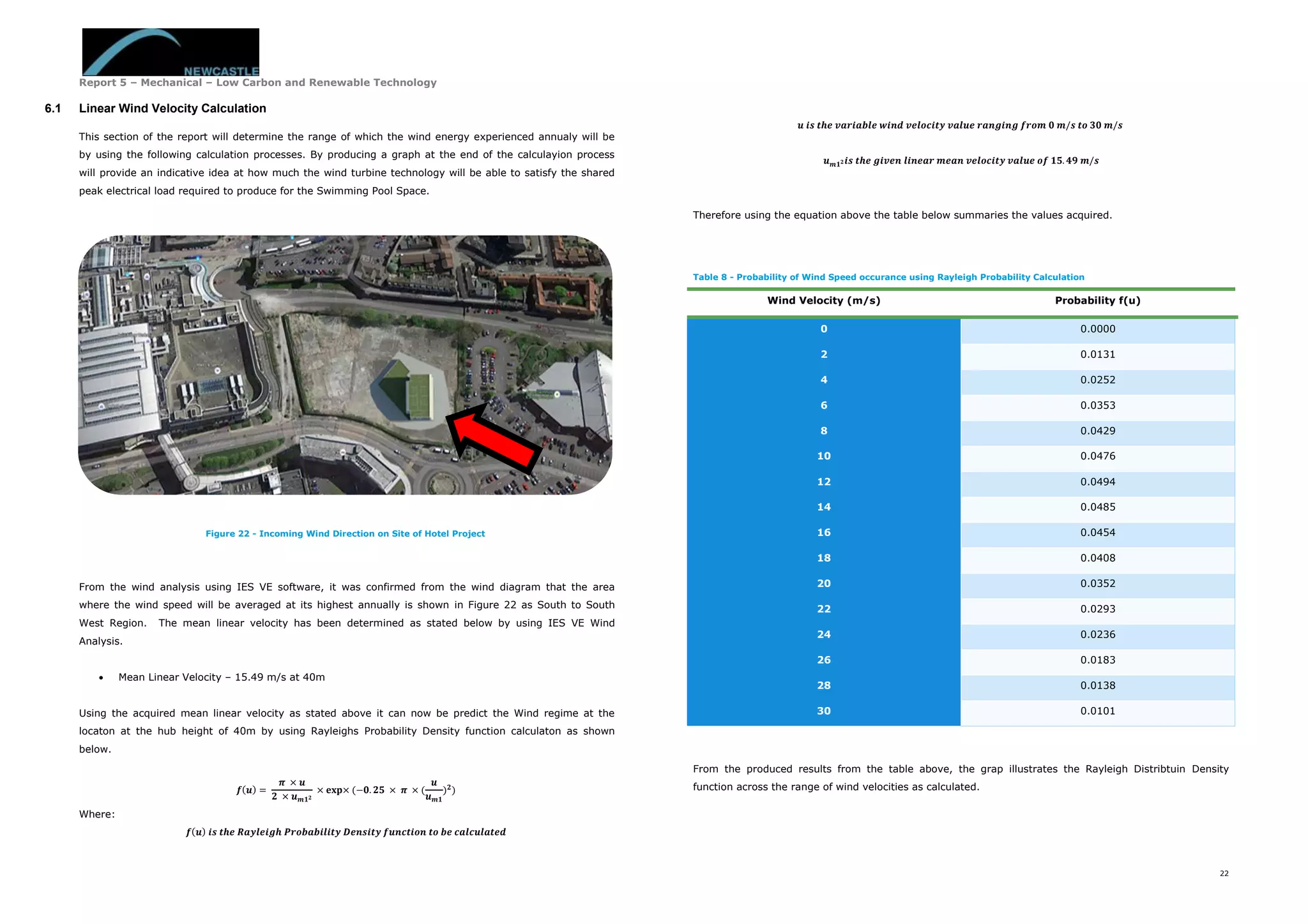 Report 5 – Mechanical – Low Carbon and Renewable Technology
22
6.1 Linear Wind Velocity Calculation
This section of the report will determine the range of which the wind energy experienced annualy will be
by using the following calculation processes. By producing a graph at the end of the calculayion process
will provide an indicative idea at how much the wind turbine technology will be able to satisfy the shared
peak electrical load required to produce for the Swimming Pool Space.
From the wind analysis using IES VE software, it was confirmed from the wind diagram that the area
where the wind speed will be averaged at its highest annually is shown in Figure 22 as South to South
West Region. The mean linear velocity has been determined as stated below by using IES VE Wind
Analysis.
 Mean Linear Velocity – 15.49 m/s at 40m
Using the acquired mean linear velocity as stated above it can now be predict the Wind regime at the
locaton at the hub height of 40m by using Rayleighs Probability Density function calculaton as shown
below.
𝒇(𝒖) =
𝝅 × 𝒖
𝟐 × 𝒖 𝒎𝟏 𝟐
× 𝐞𝐱𝐩× (−𝟎. 𝟐𝟓 × 𝝅 × (
𝒖
𝒖 𝒎𝟏
) 𝟐
)
Where:
𝒇(𝒖) 𝒊𝒔 𝒕𝒉𝒆 𝑹𝒂𝒚𝒍𝒆𝒊𝒈𝒉 𝑷𝒓𝒐𝒃𝒂𝒃𝒊𝒍𝒊𝒕𝒚 𝑫𝒆𝒏𝒔𝒊𝒕𝒚 𝒇𝒖𝒏𝒄𝒕𝒊𝒐𝒏 𝒕𝒐 𝒃𝒆 𝒄𝒂𝒍𝒄𝒖𝒍𝒂𝒕𝒆𝒅
𝒖 𝒊𝒔 𝒕𝒉𝒆 𝒗𝒂𝒓𝒊𝒂𝒃𝒍𝒆 𝒘𝒊𝒏𝒅 𝒗𝒆𝒍𝒐𝒄𝒊𝒕𝒚 𝒗𝒂𝒍𝒖𝒆 𝒓𝒂𝒏𝒈𝒊𝒏𝒈 𝒇𝒓𝒐𝒎 𝟎 𝒎/𝒔 𝒕𝒐 𝟑𝟎 𝒎/𝒔
𝒖 𝒎𝟏 𝟐 𝒊𝒔 𝒕𝒉𝒆 𝒈𝒊𝒗𝒆𝒏 𝒍𝒊𝒏𝒆𝒂𝒓 𝒎𝒆𝒂𝒏 𝒗𝒆𝒍𝒐𝒄𝒊𝒕𝒚 𝒗𝒂𝒍𝒖𝒆 𝒐𝒇 𝟏𝟓. 𝟒𝟗 𝒎/𝒔
Therefore using the equation above the table below summaries the values acquired.
Table 8 - Probability of Wind Speed occurance using Rayleigh Probability Calculation
Wind Velocity (m/s) Probability f(u)
0 0.0000
2 0.0131
4 0.0252
6 0.0353
8 0.0429
10 0.0476
12 0.0494
14 0.0485
16 0.0454
18 0.0408
20 0.0352
22 0.0293
24 0.0236
26 0.0183
28 0.0138
30 0.0101
From the produced results from the table above, the grap illustrates the Rayleigh Distribtuin Density
function across the range of wind velocities as calculated.
Figure 22 - Incoming Wind Direction on Site of Hotel Project
 