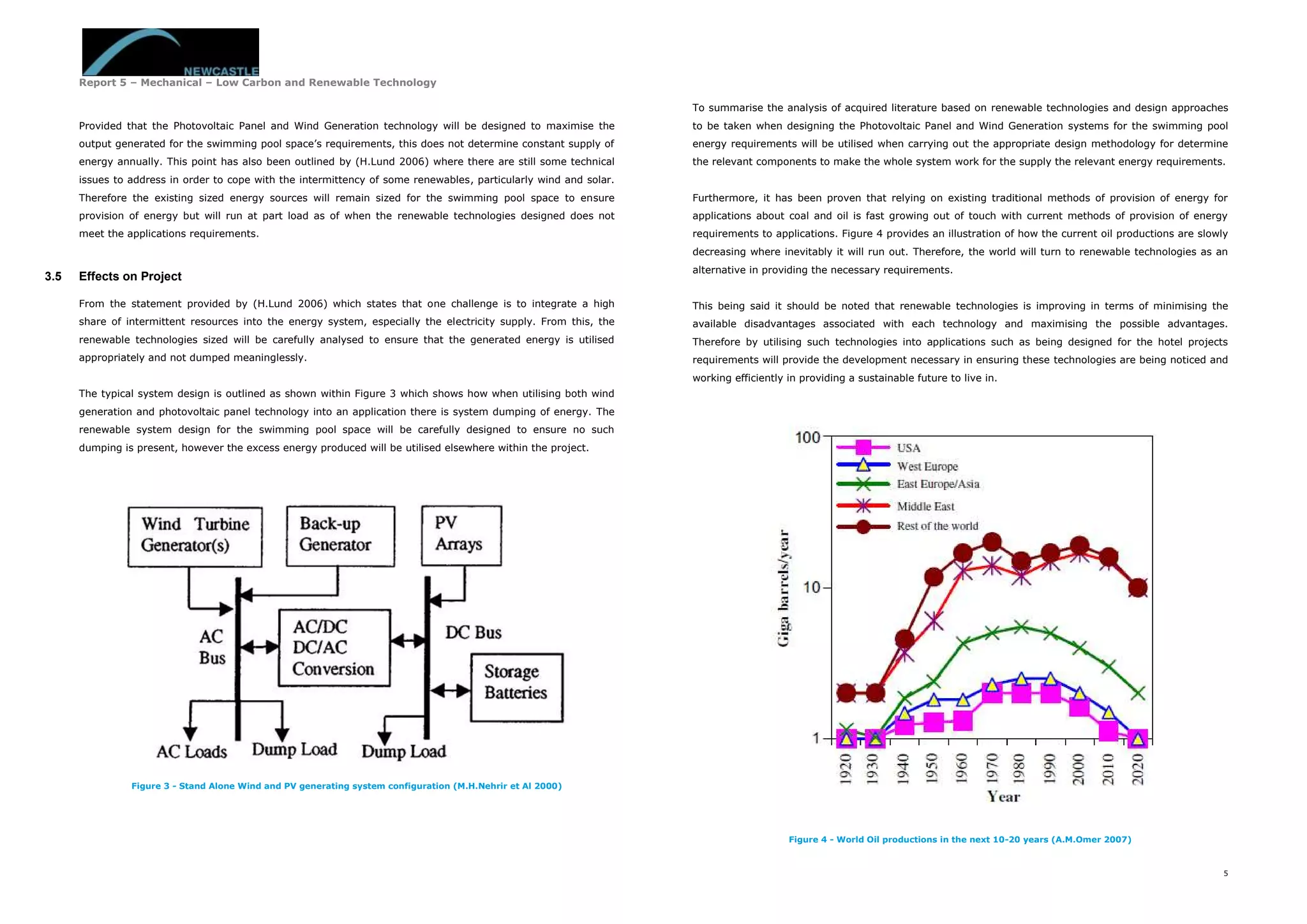 Report 5 – Mechanical – Low Carbon and Renewable Technology
5
Provided that the Photovoltaic Panel and Wind Generation technology will be designed to maximise the
output generated for the swimming pool space’s requirements, this does not determine constant supply of
energy annually. This point has also been outlined by (H.Lund 2006) where there are still some technical
issues to address in order to cope with the intermittency of some renewables, particularly wind and solar.
Therefore the existing sized energy sources will remain sized for the swimming pool space to ensure
provision of energy but will run at part load as of when the renewable technologies designed does not
meet the applications requirements.
3.5 Effects on Project
From the statement provided by (H.Lund 2006) which states that one challenge is to integrate a high
share of intermittent resources into the energy system, especially the electricity supply. From this, the
renewable technologies sized will be carefully analysed to ensure that the generated energy is utilised
appropriately and not dumped meaninglessly.
The typical system design is outlined as shown within Figure 3 which shows how when utilising both wind
generation and photovoltaic panel technology into an application there is system dumping of energy. The
renewable system design for the swimming pool space will be carefully designed to ensure no such
dumping is present, however the excess energy produced will be utilised elsewhere within the project.
Figure 3 - Stand Alone Wind and PV generating system configuration (M.H.Nehrir et Al 2000)
To summarise the analysis of acquired literature based on renewable technologies and design approaches
to be taken when designing the Photovoltaic Panel and Wind Generation systems for the swimming pool
energy requirements will be utilised when carrying out the appropriate design methodology for determine
the relevant components to make the whole system work for the supply the relevant energy requirements.
Furthermore, it has been proven that relying on existing traditional methods of provision of energy for
applications about coal and oil is fast growing out of touch with current methods of provision of energy
requirements to applications. Figure 4 provides an illustration of how the current oil productions are slowly
decreasing where inevitably it will run out. Therefore, the world will turn to renewable technologies as an
alternative in providing the necessary requirements.
This being said it should be noted that renewable technologies is improving in terms of minimising the
available disadvantages associated with each technology and maximising the possible advantages.
Therefore by utilising such technologies into applications such as being designed for the hotel projects
requirements will provide the development necessary in ensuring these technologies are being noticed and
working efficiently in providing a sustainable future to live in.
Figure 4 - World Oil productions in the next 10-20 years (A.M.Omer 2007)
 