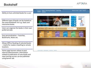 Bookshelf
11
Ability to host unlimited books for a user
Different type of books can be hosted on
the same bookshelf. For e.g. Static and
interactive books
Users can organize the books in their own
preferred style
Easy personalization – Favorites,
Bookmarks, Notes etc.
Allows Offline Reading of selected books
– Useful for readers travelling to remote
locations
Home page banners allows to post
internal advertisement. Information
related to publication of new books and
new training courses can be published
using banner ads
 