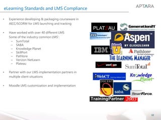 32
eLearning Standards and LMS Compliance
• Experience developing & packaging courseware in
AICC/SCORM for LMS launching and tracking
• Have worked with over 40 different LMS
Some of the industry common LMS’:
– SumTotal
– SABA
– Knowledge Planet
– SkillPort
– Pathlore
– Verizon NetLearn
– Plateau
• Partner with our LMS implementation partners in
multiple client situations
• Moodle LMS customization and implementation
 