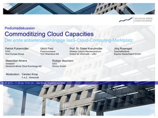 Podiumsdiskussion
Commoditizing Cloud Capacities
Der erste anbieterunabhängige IaaS-Cloud-Computing-Marktplatz
Moderation: Carsten Knop
F.A.Z., Wirtschaft
02.07.2013 – 11:30 bis 13:00 Uhr – Alte Börse, Frankfurt am Main
Patrick Pulvermüller
COO
Host Europe Group
Ulrich Fietz
Finanzvorstand
TÜV Rheinland AG
Prof. Dr. Dieter Kranzlmüller
Direktor Leibniz-Rechenzentrum,
Institut für Informatik – LMU
Maximilian Ahrens
Vorstand
Deutsche Börse Cloud Exchange AG
Rüdiger Baumann
CEO
Zimory GmbH
Jörg Rosengart
Geschäftsführer
Equinix Deutschland GmbH
 