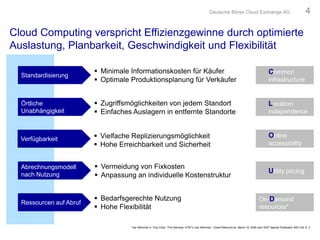Cloud Computing verspricht Effizienzgewinne durch optimierte
Auslastung, Planbarkeit, Geschwindigkeit und Flexibilität
Standardisierung
Örtliche
Unabhängigkeit
Verfügbarkeit
Abrechnungsmodell
nach Nutzung
Ressourcen auf Abruf
 Minimale Informationskosten für Käufer
 Optimale Produktionsplanung für Verkäufer
 Zugriffsmöglichkeiten von jedem Standort
 Einfaches Auslagern in entfernte Standorte
 Vielfache Replizierungsmöglichkeit
 Hohe Erreichbarkeit und Sicherheit
 Vermeidung von Fixkosten
 Anpassung an individuelle Kostenstruktur
 Bedarfsgerechte Nutzung
 Hohe Flexibilität
Common
infrastructure
Location
independence
Online
accessibility
Utility pricing
On-Demand
resources*
*Joe Weinman in Tony Chan, “Full Interview: AT&T’s Jow Weinman,” GreenTelecomLive, March 16, 2009 nach NIST Special Publication 800-145, S. 2.
Deutsche Börse Cloud Exchange AG 4
 