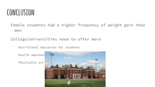 conclusion
Female students had a higher frequency of weight gain than
men
College/Universities need to offer more
Nutritional education for students
Health awareness programs
Physically active student events
 