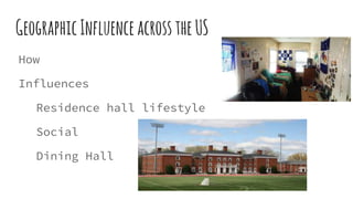GeographicInfluenceacrosstheUS
How
Influences
Residence hall lifestyle
Social
Dining Hall
 
