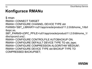 10
Konfigurace RMANu
$ rman
RMAN> CONNECT TARGET
RMAN> CONFIGURE CHANNEL DEVICE TYPE sbt
PARMS='SBT_LIBRARY=/u01/app/oracle/product/11.2.0/dbhome_1/lib/l
ibopc.so,
SBT_PARMS=(OPC_PFILE=/u01/app/oracle/product/11.2.0/dbhome_1/
dbs/opcorcl.ora)';
RMAN> CONFIGURE CONTROLFILE AUTOBACKUP ON;
RMAN> CONFIGURE DEFAULT DEVICE TYPE TO sbt_tape;
RMAN> CONFIGURE COMPRESSION ALGORITHM 'MEDIUM';
RMAN> CONFIGURE DEVICE TYPE sbt BACKUP TYPE TO
COMPRESSED BACKUPSET;
Cloud Backup Service
 
