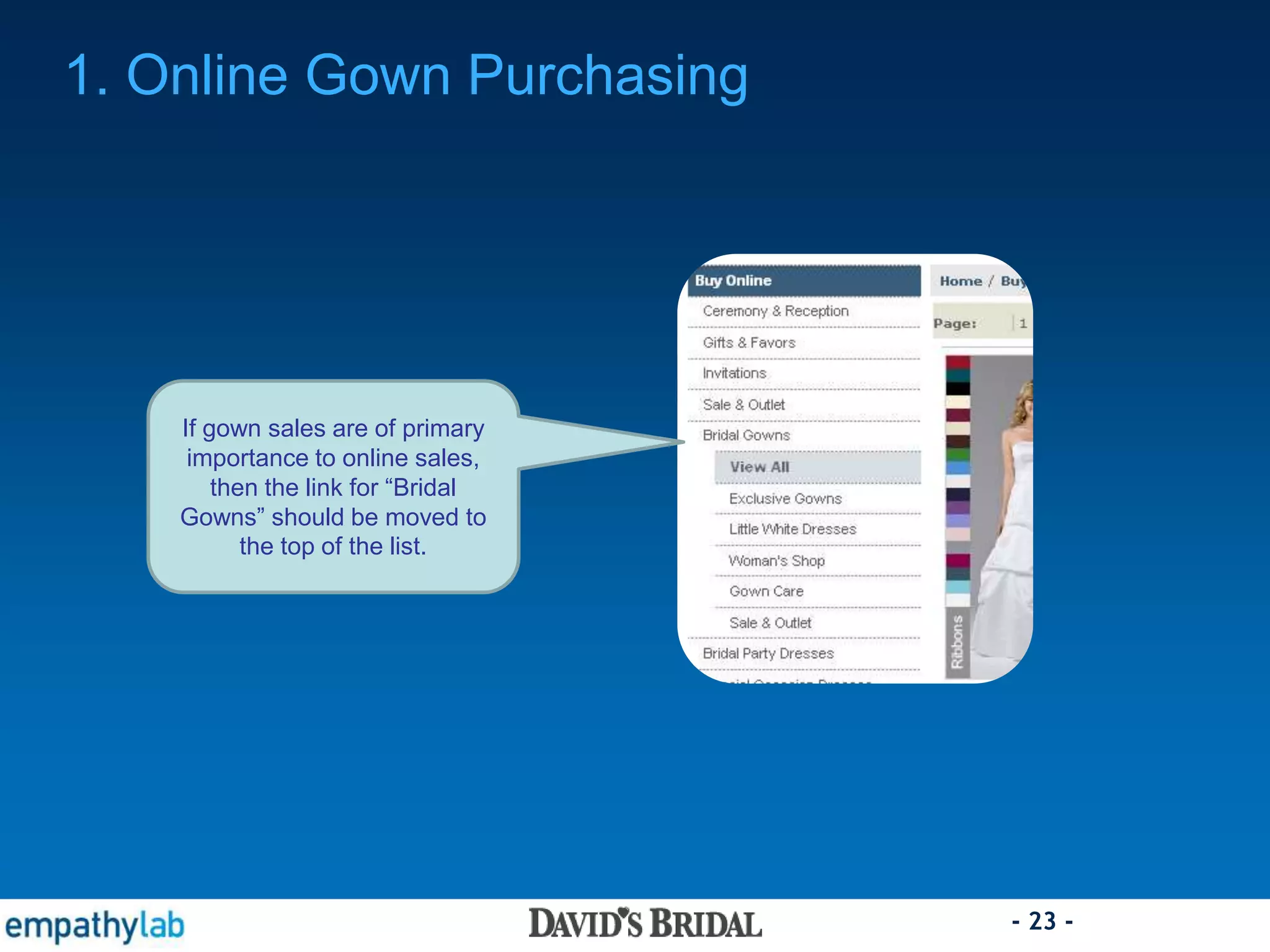 - 23 -
1. Online Gown Purchasing
If gown sales are of primary
importance to online sales,
then the link for “Bridal
Gowns” should be moved to
the top of the list.
 
