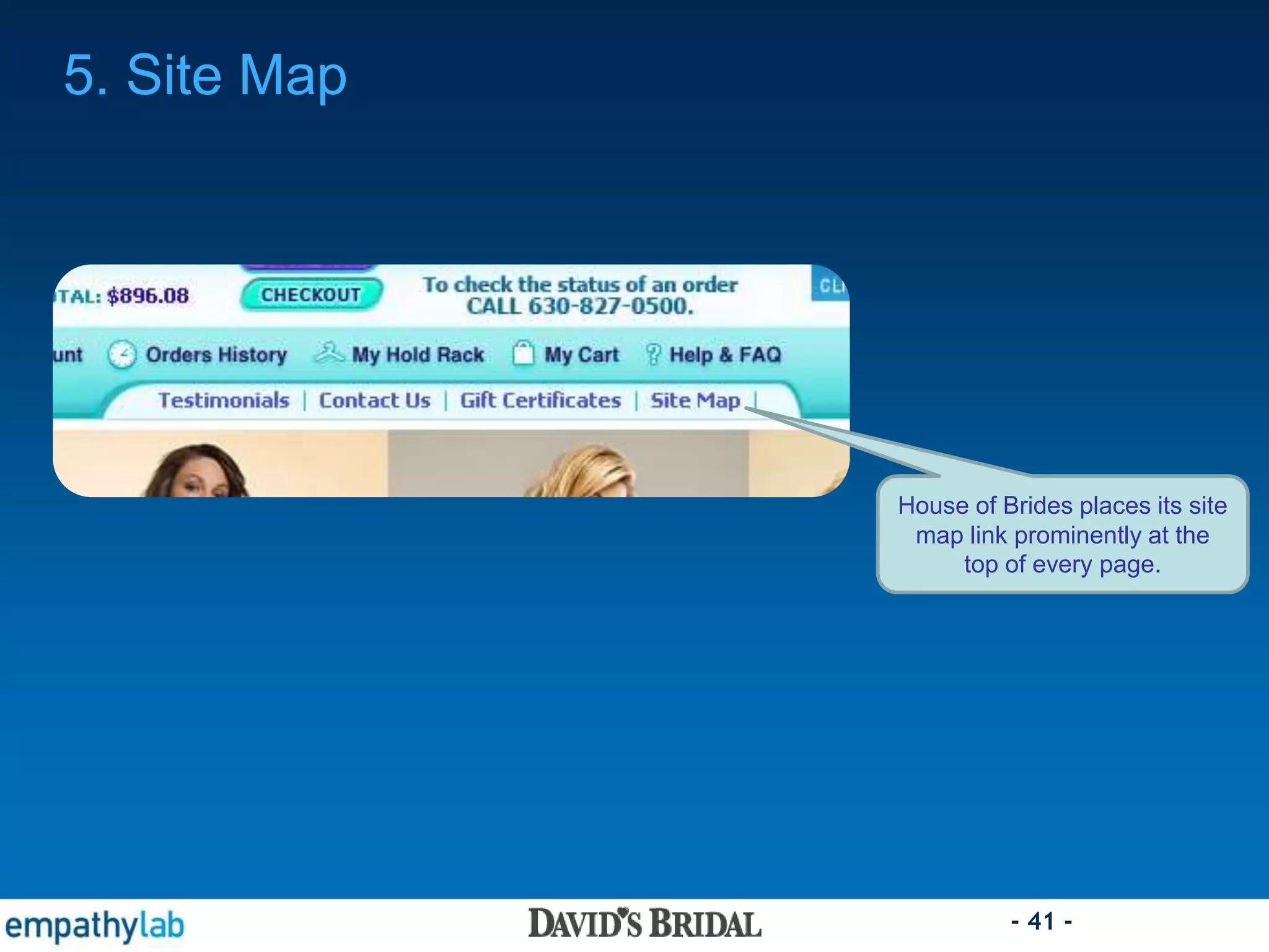 - 41 -
House of Brides places its site
map link prominently at the
top of every page.
5. Site Map
 