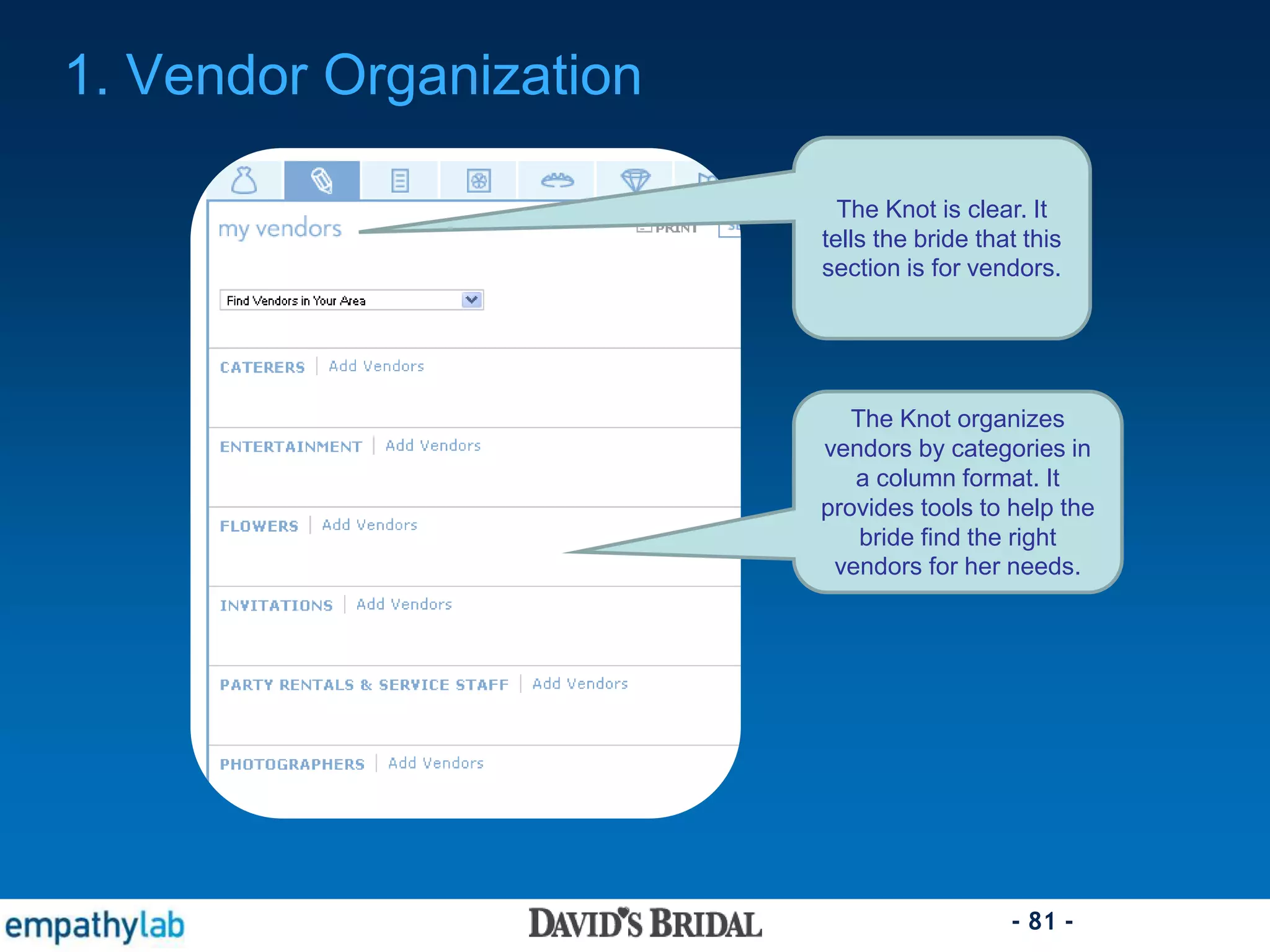 - 81 -
The Knot organizes
vendors by categories in
a column format. It
provides tools to help the
bride find the right
vendors for her needs.
1. Vendor Organization
The Knot is clear. It
tells the bride that this
section is for vendors.
 