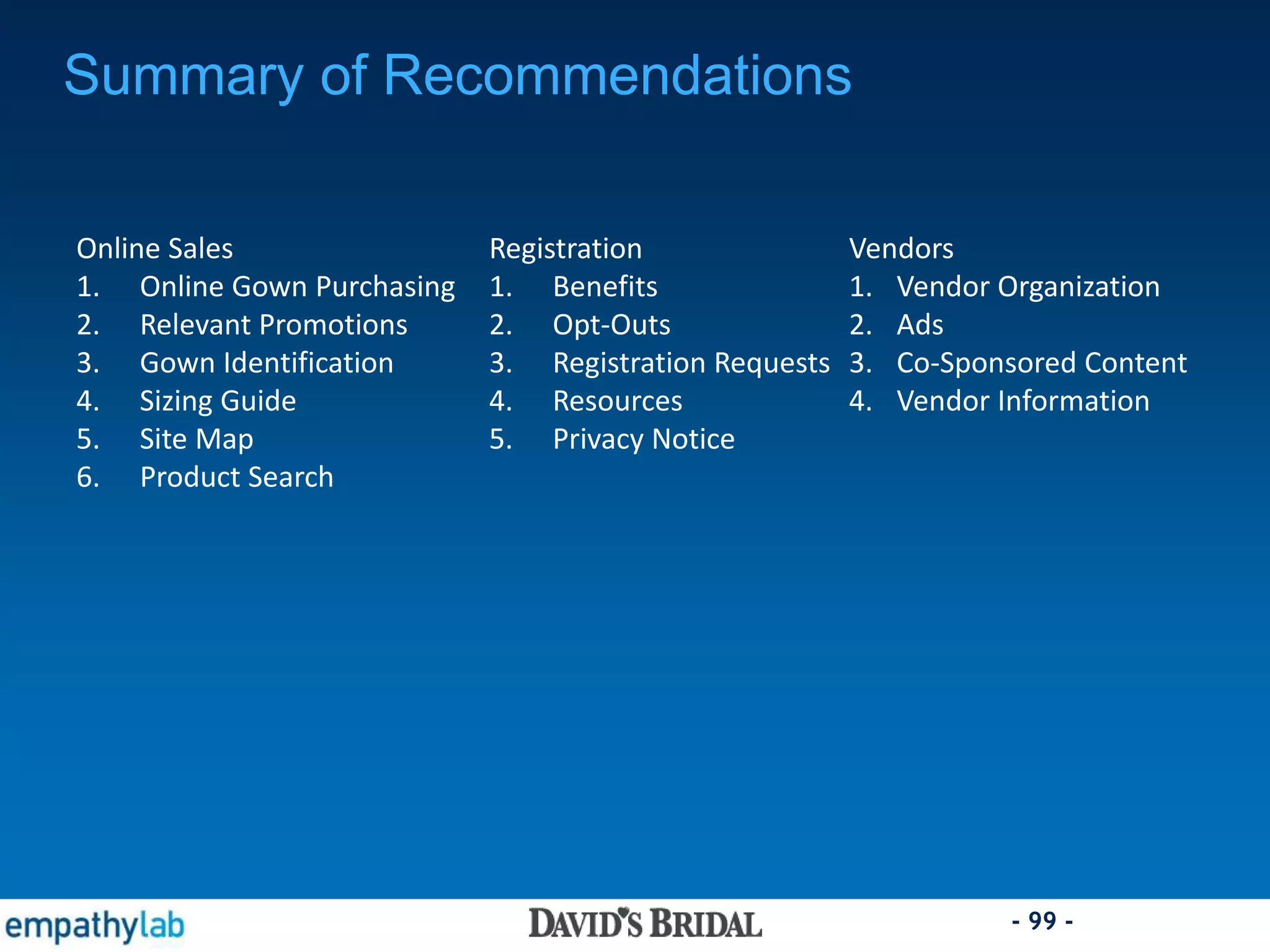 - 99 -
Summary of Recommendations
Online Sales
1. Online Gown Purchasing
2. Relevant Promotions
3. Gown Identification
4. Sizing Guide
5. Site Map
6. Product Search
Registration
1. Benefits
2. Opt-Outs
3. Registration Requests
4. Resources
5. Privacy Notice
Vendors
1. Vendor Organization
2. Ads
3. Co-Sponsored Content
4. Vendor Information
 