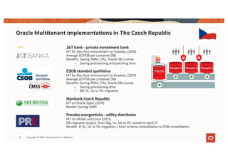Copyright © 2019, Oracle and/or its affiliates. All rights reserved.
Oracle Multitenant implementations in The Czech Republic
22 Copyright © 2022, Oracle and/or its affiliates
Tenant 1 Tenant 2 Tenant 3
Master
Sberbank Czech Republic
MT on Oracle Sparc (2019)
Benefit: Saving: RAM
Prazska energreticka - utility distributor
MT on HPx86 and Linux (2021)
DB migration project from 10g, 11c, 12c to 19c started in April 21
Benefit: B 11c, 12c to 19c migration / from schema consolidation to PDB consolidation
J&T bank - private investment bank
MT for Dev/test environment on Exadata, (2018)
Average 50 PDB per container DBs
Benefits: Saving: RAM, CPU, Oracle DB License
• Saving provisioning and patching time
ČSOB stavební spořitelna
MT for Dev/test environment on Exadata, (2019)
Average 20 PDB per container DBs
Benefits: Saving: RAM, CPU, Oracle DB License
• Saving provisioning time
• DB 11c, 12c to 19c migration
 