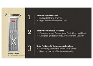 Executive
Summary
Best Database Machine
• Fastest OLTP and Analytics
• High Consolidation Lowers Costs
1
Summary
Exadata X9M
Best Database Cloud Platform
• Consistent across On-premises, Public Cloud and Hybrid
• Enterprise-grade Scalability, Availability and Security
2
Only Platform for Autonomous Database
• Self-driving capabilities lowers costs further
• Ushers in new era of business innovation
3
40 Copyright © 2022, Oracle and/or its affiliates
 