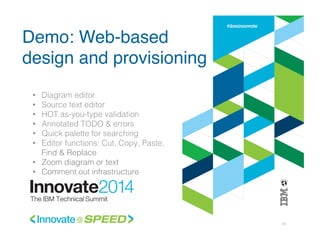 23!
•  Diagram editor!
•  Source text editor !
•  HOT as-you-type validation!
•  Annotated TODO & errors!
•  Quick palette for searching!
•  Editor functions: Cut, Copy, Paste,
Find & Replace!
•  Zoom diagram or text!
•  Comment out infrastructure!
Demo: Web-based
design and provisioning
 