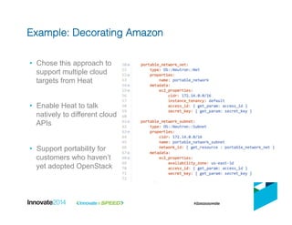 •  Chose this approach to
support multiple cloud
targets from Heat
•  Enable Heat to talk
natively to different cloud
APIs
•  Support portability for
customers who haven’t
yet adopted OpenStack
Example: Decorating Amazon!
 