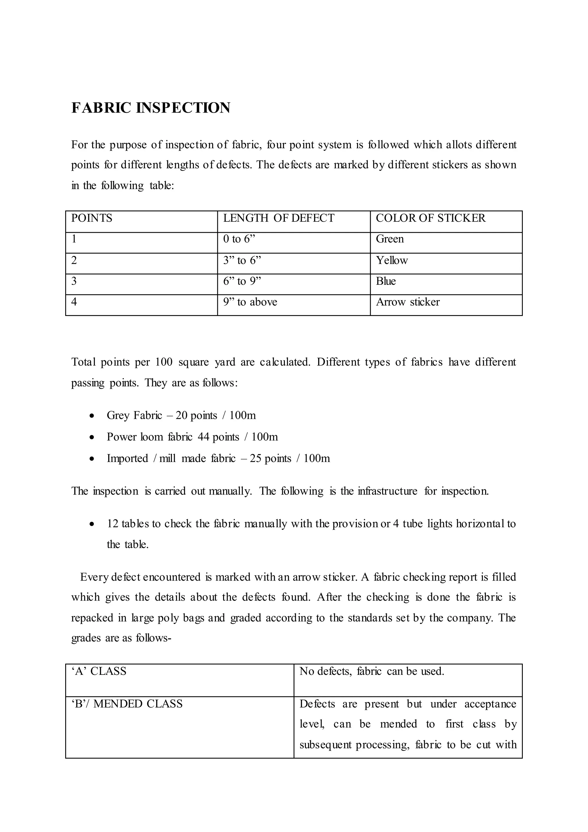 FABRIC INSPECTION
For the purpose of inspection of fabric, four point system is followed which allots different
points for different lengths of defects. The defects are marked by different stickers as shown
in the following table:
POINTS LENGTH OF DEFECT COLOR OF STICKER
1 0 to 6” Green
2 3” to 6” Yellow
3 6” to 9” Blue
4 9” to above Arrow sticker
Total points per 100 square yard are calculated. Different types of fabrics have different
passing points. They are as follows:
 Grey Fabric – 20 points / 100m  
 Power loom fabric 44 points / 100m  
 Imported / mill made fabric – 25 points / 100m  
The inspection is carried out manually. The following is the infrastructure for inspection.
 12 tables to check the fabric manually with the provision or 4 tube lights horizontal to
the table.  
  Every defect encountered is marked with an arrow sticker. A fabric checking report is filled
which gives the details about the defects found. After the checking is done the fabric is
repacked in large poly bags and graded according to the standards set by the company. The
grades are as follows-
‘A’ CLASS No defects, fabric can be used.
‘B’/ MENDED CLASS Defects are present but under acceptance
level, can be mended to first class by
subsequent processing, fabric to be cut with
 