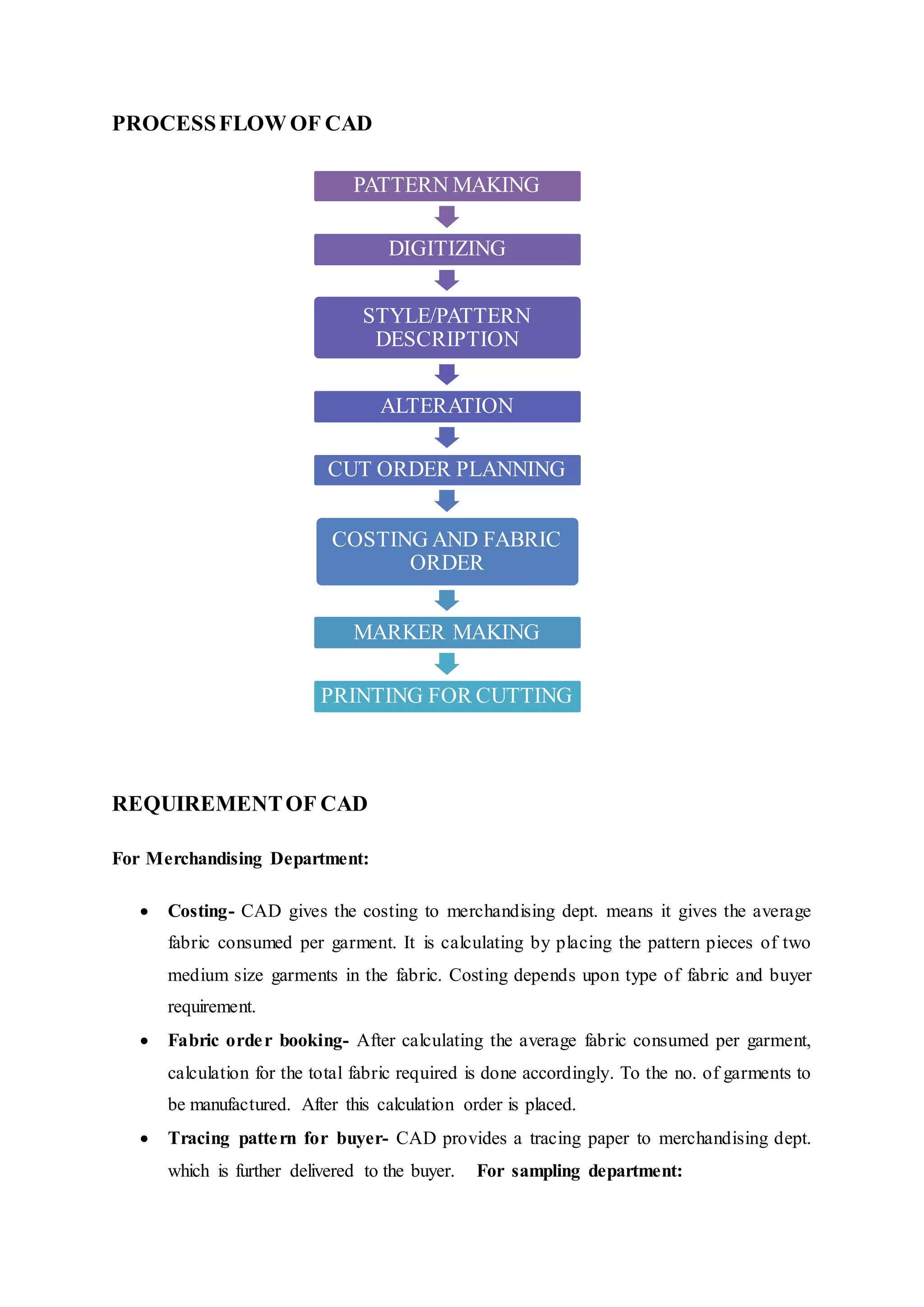 PROCESSFLOW OF CAD
REQUIREMENTOF CAD
For Merchandising Department:
 Costing- CAD gives the costing to merchandising dept. means it gives the average
fabric consumed per garment. It is calculating by placing the pattern pieces of two
medium size garments in the fabric. Costing depends upon type of fabric and buyer
requirement.  
 Fabric order booking- After calculating the average fabric consumed per garment,
calculation for the total fabric required is done accordingly. To the no. of garments to
be manufactured. After this calculation order is placed.  
 Tracing pattern for buyer- CAD provides a tracing paper to merchandising dept.
which is further delivered to the buyer.   For sampling department:  
PATTERN MAKING
DIGITIZING
STYLE/PATTERN
DESCRIPTION
ALTERATION
CUT ORDER PLANNING
COSTING AND FABRIC
ORDER
MARKER MAKING
PRINTING FOR CUTTING
 