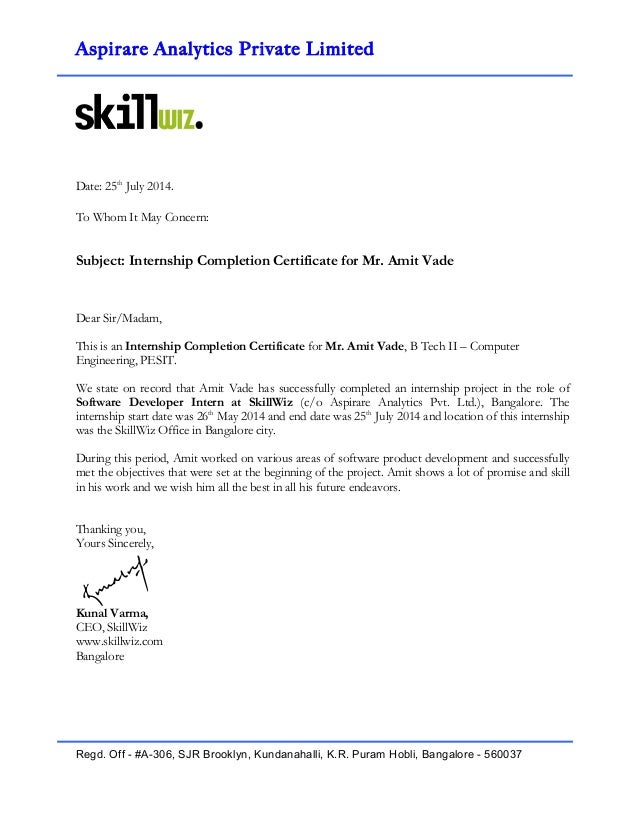 internship completion certificate amit vade internship completion certificate format