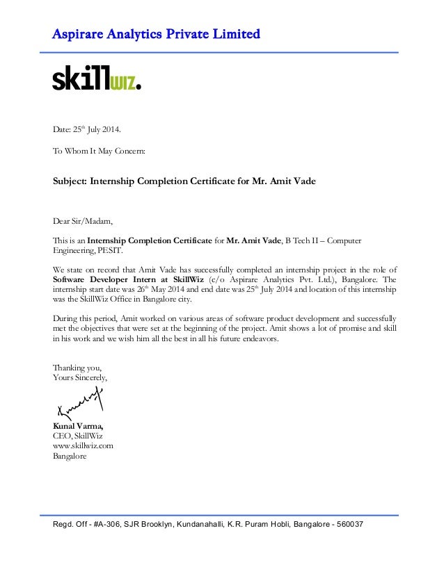 Internship Certificate Letter Sample