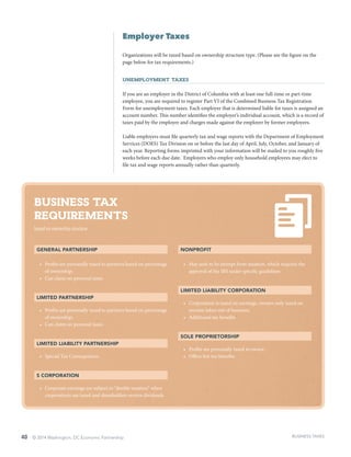 40 © 2014 Washington, DC Economic Partnership
Employer Taxes
Organizations will be taxed based on ownership structure type. (Please see the figure on the
page below for tax requirements.)
Unemployment Taxes
If you are an employer in the District of Columbia with at least one full-time or part-time
employee, you are required to register Part VI of the Combined Business Tax Registration
Form for unemployment taxes. Each employer that is determined liable for taxes is assigned an
account number. This number identifies the employer’s individual account, which is a record of
taxes paid by the employer and charges made against the employer by former employees.
Liable employers must file quarterly tax and wage reports with the Department of Employment
Services (DOES) Tax Division on or before the last day of April, July, October, and January of
each year. Reporting forms imprinted with your information will be mailed to you roughly five
weeks before each due date. Employers who employ only household employees may elect to
file tax and wage reports annually rather than quarterly.
BUSINESS TAX
REQUIREMENTS
based on ownership structure
GENERAL PARTNERSHIP
•	 Profits are personally taxed to partners based on percentage
of ownership;
•	 Can claim on personal taxes
LIMITED PARTNERSHIP
•	 Profits are personally taxed to partners based on percentage
of ownership;
•	 Can claim on personal taxes
LIMITED LIABILITY PARTNERSHIP
•	 Special Tax Consequences
S CORPORATION
•	 Corporate earnings are subject to “double taxation” when
corporations are taxed and shareholders receive dividends
NONPROFIT
•	 May seek to be exempt from taxation, which requires the
approval of the IRS under specific guidelines
LIMITED LIABILITY CORPORATION
•	 Corporation is taxed on earnings, owners only taxed on
income taken out of business;
•	 Additional tax benefits
SOLE PROPRIETORSHIP
•	 Profits are personally taxed to owner;
•	 Offers few tax benefits
BUSINESS TAXES
 