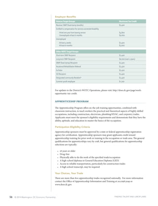 56 © 2014 Washington, DC Economic Partnership
Employer Benefits
Veteran Target Groups Maximum Tax Credit
Receives SNAP (food-stamp benefits) $2,400
Entitled to compensation for services-connected disability  
	 ∙ Hired one year from leaving service $4,800
	 ∙ Unemployed at least 6 months $9,600
Unemployed  
	 ∙ At least 4 weeks $2,400
	 ∙ At least 6 months $5,600
Other WOTC Target Groups  
Short-term TANF Recipient $2,400
Long-term TANF Recipient $9,000 (over 2 years)
SNAP (food stamp) Recipient $2,400
Vocational Rehabilitation Referral $2,400
Ex-Felon $2,400
SSI Recipient $2,400
Designated community Resident* $2,400
Summer youth employee $1,200
For updates to the District’s WOTC Operations, please visit: http://does.dc.gov/page/work-
opportunity-tax-credit.
Apprenticeship Program
The Apprenticeship Program offers on-the-job training opportunities, combined with
classroom instruction, to teach workers the practical and theoretical aspects of highly skilled
occupations, including construction, electrician, plumbing/HVAC, and carpentry trades.
Applicants must meet the sponsor’s eligibility requirements and demonstrate that they have the
ability, aptitude, and education to master the basics of the occupation.
Participation Eligibility Criteria
Apprenticeship sponsors must be approved by a state or federal apprenticeship registration
agency for certification. Apprenticeship sponsors may grant applicants credit toward
apprenticeship training for prior work or training in the occupation or trade area. The general
qualifications for apprenticeships vary by craft, but general qualifications for apprenticeship
selections are typically:
•	 18 years or older
•	 Drug-free
•	 Physically able to do the work of the specified trade/occupation
•	 A high-school diploma or General Education Diploma (GED)
•	 Access to reliable transportation, particularly for construction trades
•	 A high school transcript, may be required
Your Choices, Your Trade
There are more than 800 apprenticeship trades recognized nationally. For more information
contact the Office of Apprenticeship Information and Training at 202.698.5099 or
www.does.dc.gov.
FINDING TALENT AND LABOR LAWS
 