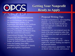    Organize Documentations                         Proposal Writing Tips
   501 (c) (3) Certificate, DUNS Number,           Develop a comprehensive, and compelling
    Tax Identification Number, CCR                   proposal – use accurate/current data
    Registration, IRS 990 & DCRA Certificate         explaining why the funder should care,
    of Good Standing, Indirect Cost Rate             how your approach is different, & can
                                                     make an impact
   List of Key Office Personnel, Board of
    Directors, Consultants, and Partners along      Demonstrate how your proposal meets the
    with their current bios and resumes              needs of the target population rather than
                                                     yours otherwise you might set yourself up
   Organizational Strategic Plan including –
                                                     for failure
    Mission, Goals and Objectives, and
    Evaluation Methodology – Operating              Describe the existing gap – e.g.
    Budget, & Audited Financial Statements           knowledge, resource, or service – what is
                                                     ought to be, and how funding can improve
   Utilize the Funding Alert, GIRC,
                                                     the proposed solution
    Foundation Center, Grants.gov to identify
    grants and eligibility requirements             Identify collaboration opportunities – built
                                                     on shared values, missions, and resources
 