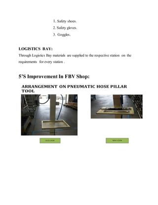 1. Safety shoes.
2. Safety gloves.
3. Goggles.
LOGISTICS BAY:
Through Logistics Bay materials are supplied to the respective station on the
requirements for every station .
5’S Improvement In FBV Shop:
 