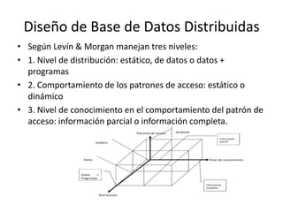 Diseño de Base de Datos Distribuidas
• Según Levín & Morgan manejan tres niveles:
• 1. Nivel de distribución: estático, de datos o datos +
  programas
• 2. Comportamiento de los patrones de acceso: estático o
  dinámico
• 3. Nivel de conocimiento en el comportamiento del patrón de
  acceso: información parcial o información completa.
 