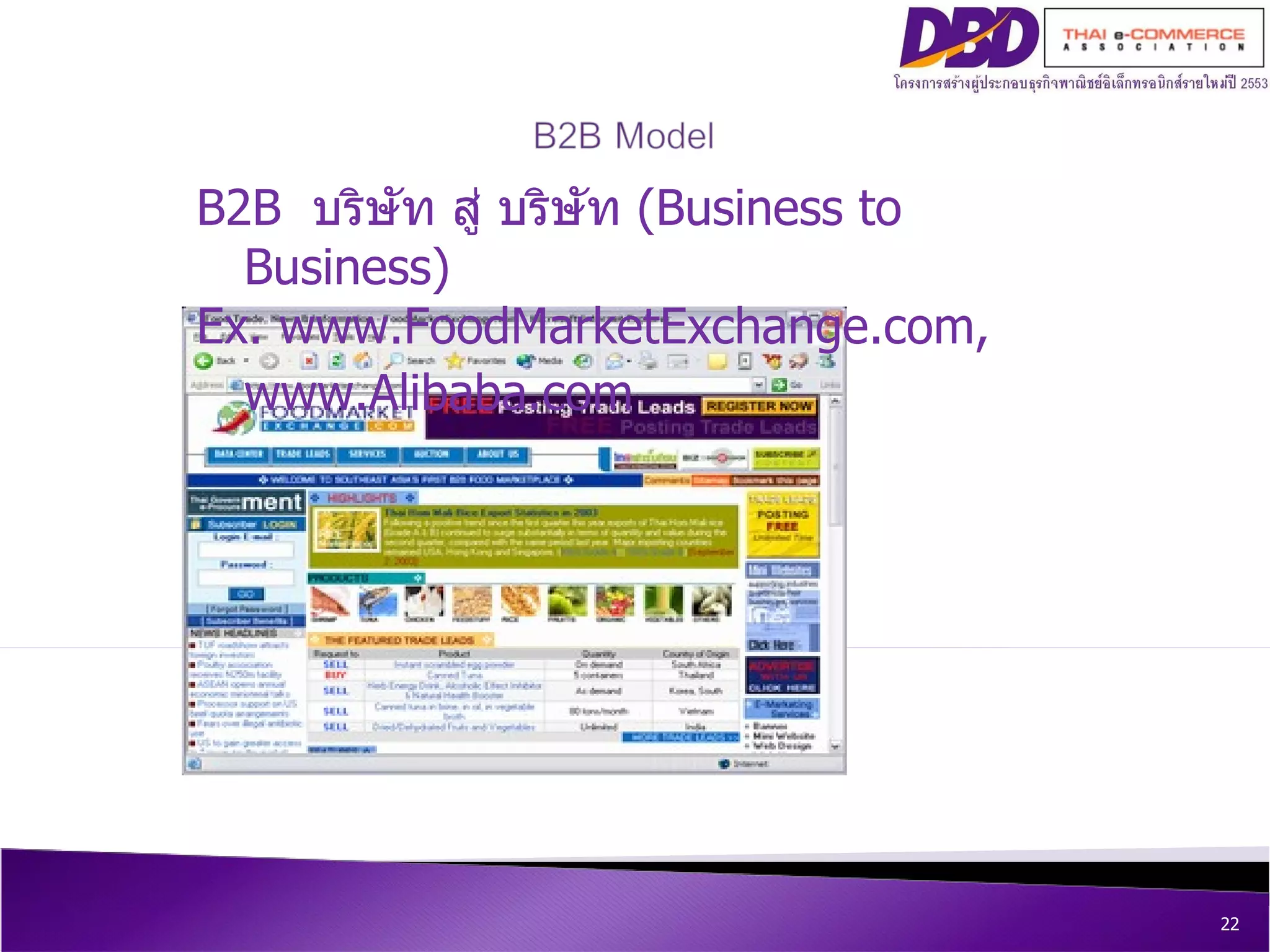 B2B  บริษัท สู่ บริษัท  (Business to Business)  Ex.  www.FoodMarketExchange.com ,  www.Alibaba.com   