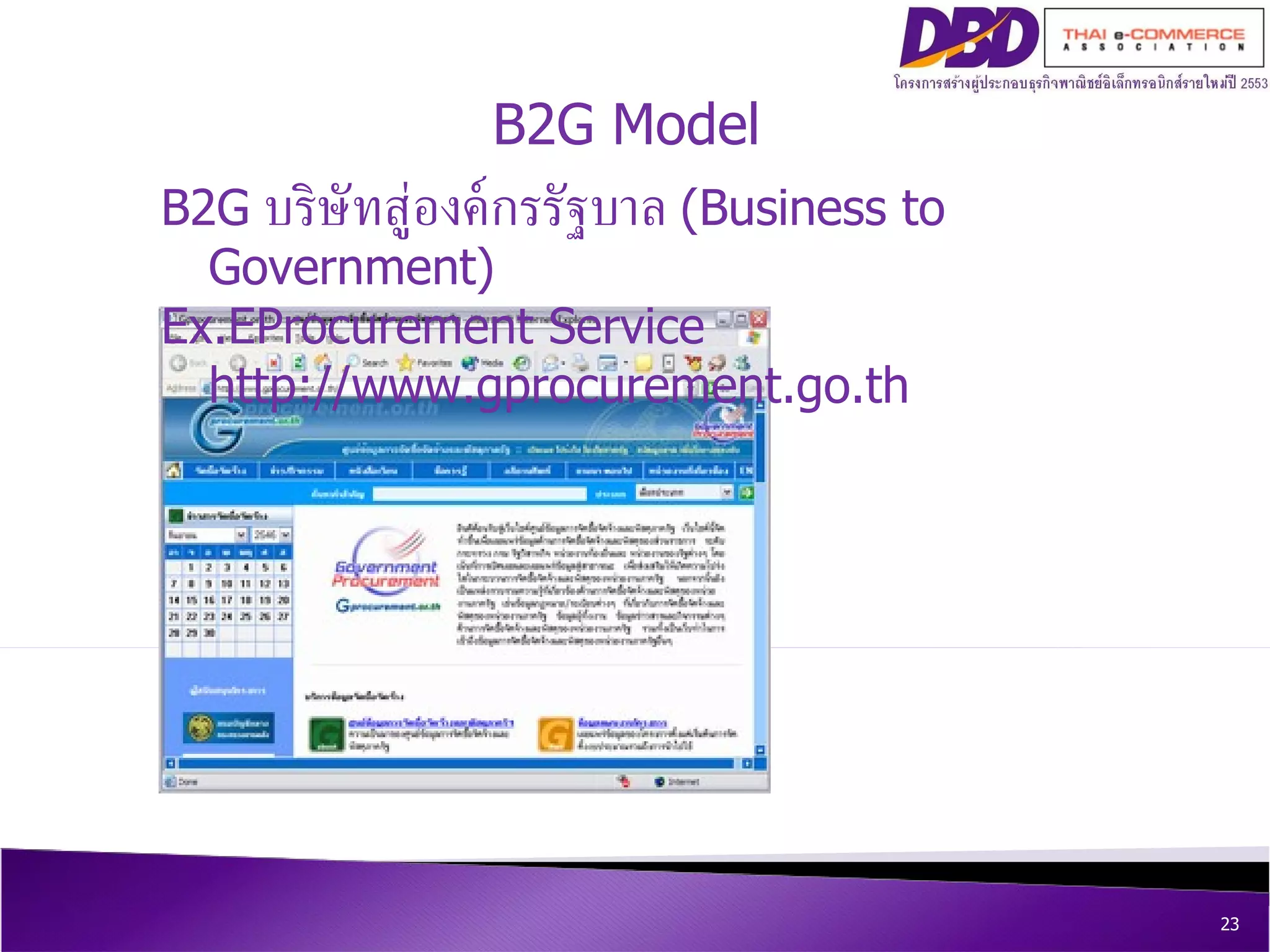B2G Model B2G  บริษัทสู่องค์กรรัฐบาล  (Business to Government)  Ex.EProcurement Service http://www.gprocurement.go.th 