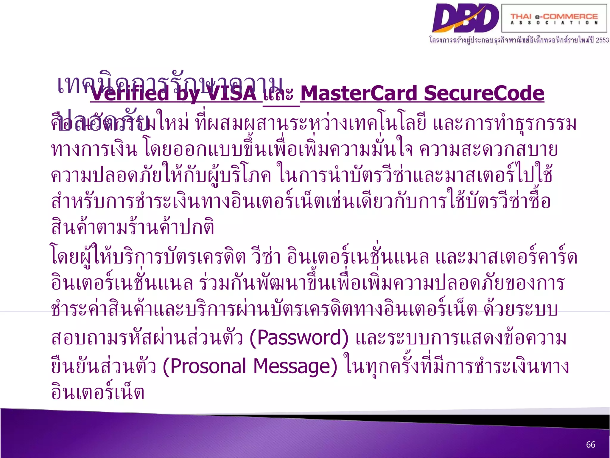 Verified by VISA  และ  MasterCard SecureCode คือ นวัตกรรมใหม่ ที่ผสมผสานระหว่างเทคโนโลยี และการทำธุรกรรมทางการเงิน โดยออกแบบขึ้นเพื่อเพิ่มความมั่นใจ ความสะดวกสบาย ความปลอดภัยให้กับผู้บริโภค ในการนำบัตรวีซ่าและมาสเตอร์ไปใช้สำหรับการชำระเงินทางอินเตอร์เน็ตเช่นเดียวกับการใช้บัตรวีซ่าซื้อสินค้าตามร้านค้าปกติ  โดยผู้ให้บริการบัตรเครดิต วีซ่า อินเตอร์เนชั่นแนล และมาสเตอร์คาร์ด อินเตอร์เนชั่นแนล ร่วมกันพัฒนาขึ้นเพื่อเพิ่มความปลอดภัยของการชำระค่าสินค้าและบริการผ่านบัตรเครดิตทางอินเตอร์เน็ต ด้วยระบบสอบถามรหัสผ่านส่วนตัว  (Password)  และระบบการแสดงข้อความยืนยันส่วนตัว  (Prosonal Message)  ในทุกครั้งที่มีการชำระเงินทางอินเตอร์เน็ต เทคนิคการรักษาความปลอดภัย 