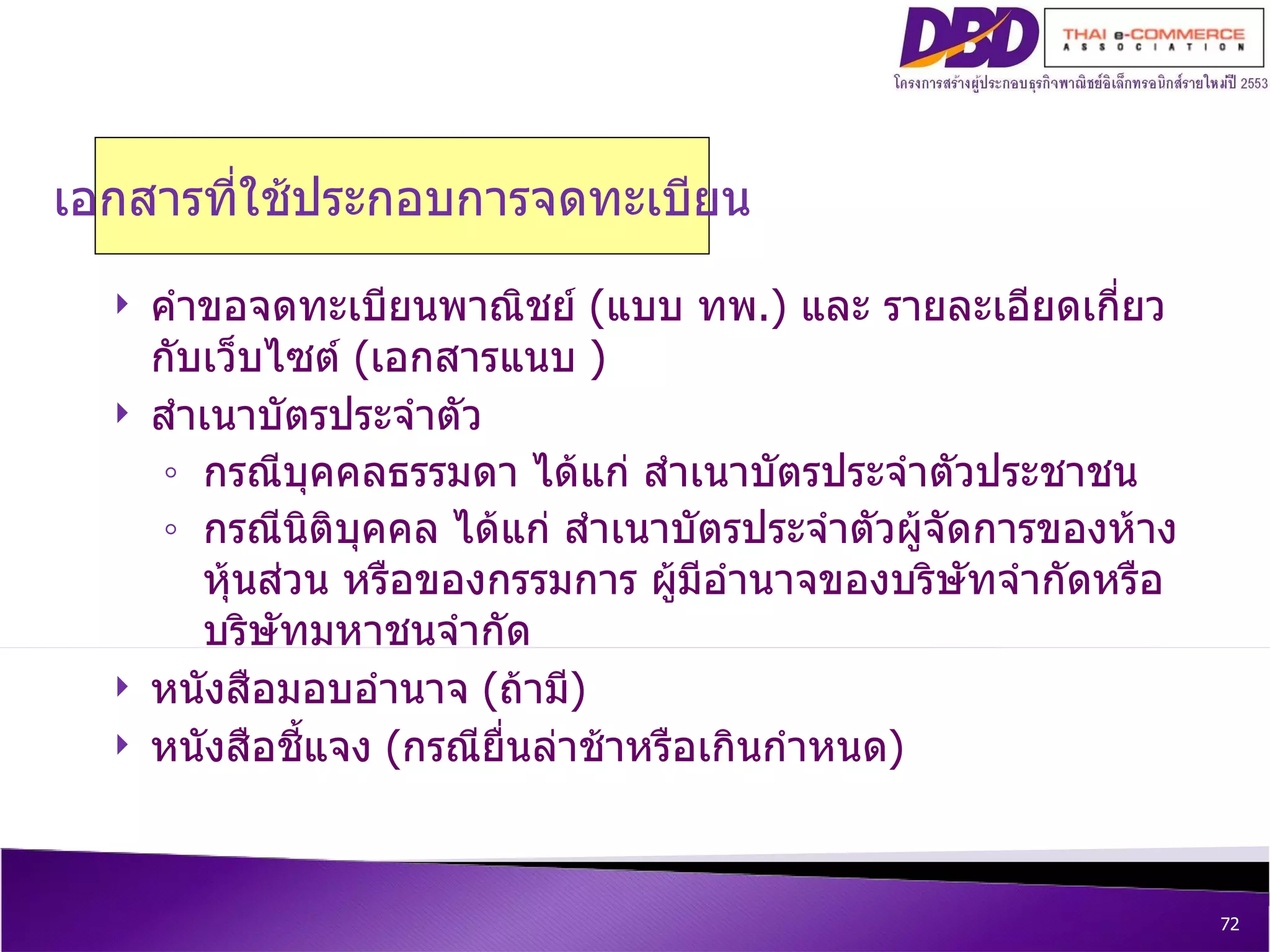 เอกสารที่ใช้ประกอบการจดทะเบียน คำขอจดทะเบียนพาณิชย์  ( แบบ ทพ .)  และ รายละเอียดเกี่ยวกับเว็บไซต์  ( เอกสารแนบ  ) ‏ สำเนาบัตรประจำตัว  กรณีบุคคลธรรมดา ได้แก่ สำเนาบัตรประจำตัวประชาชน กรณีนิติบุคคล ได้แก่ สำเนาบัตรประจำตัวผู้จัดการของห้างหุ้นส่วน หรือของกรรมการ ผู้มีอำนาจของบริษัทจำกัดหรือบริษัทมหาชนจำกัด หนังสือมอบอำนาจ  ( ถ้ามี ) หนังสือชี้แจง  ( กรณียื่นล่าช้าหรือเกินกำหนด ) 