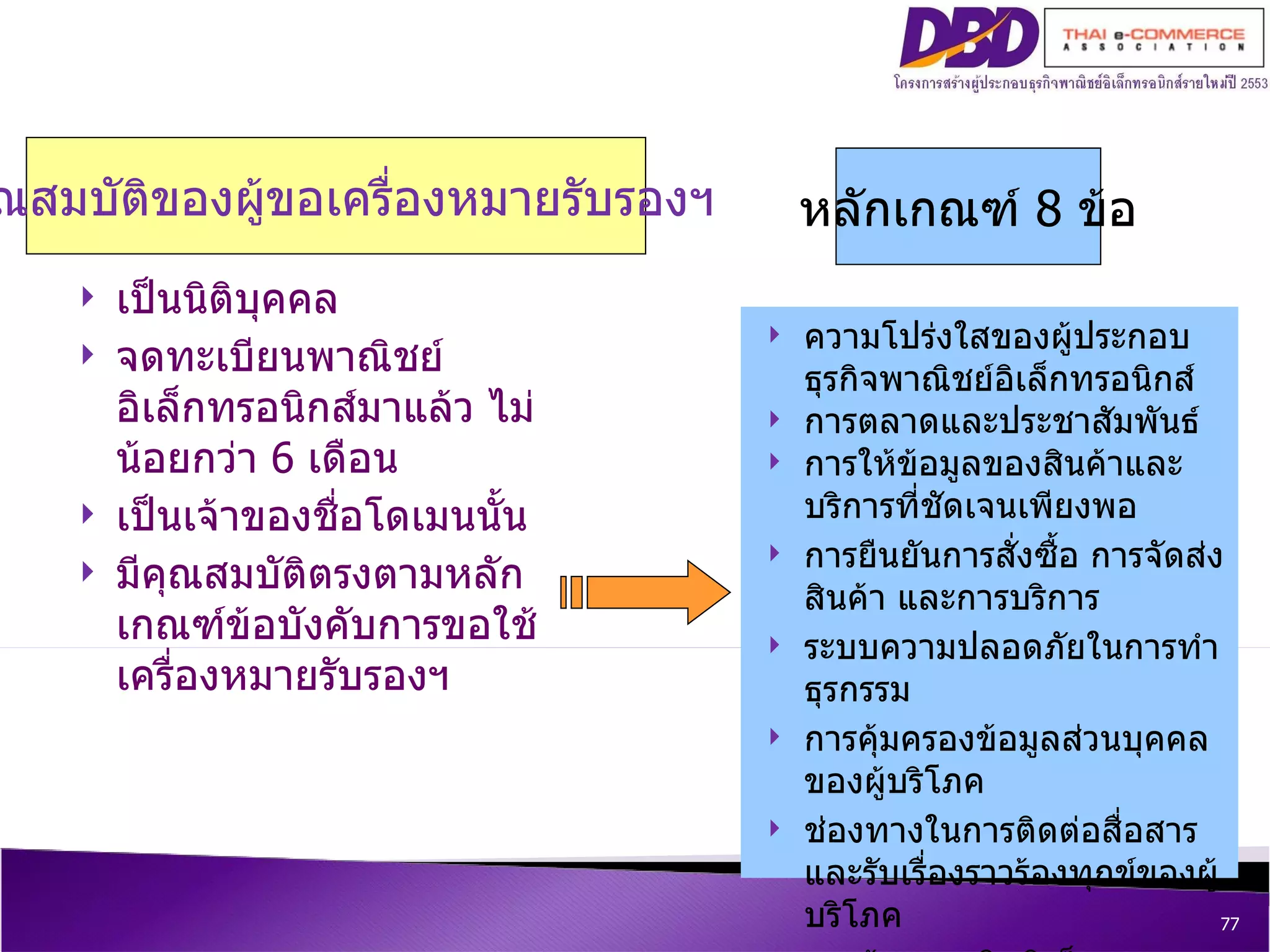 คุณสมบัติของผู้ขอเครื่องหมายรับรองฯ เป็นนิติบุคคล จดทะเบียนพาณิชย์อิเล็กทรอนิกส์มาแล้ว ไม่น้อยกว่า  6  เดือน เป็นเจ้าของชื่อโดเมนนั้น มีคุณสมบัติตรงตามหลักเกณฑ์ข้อบังคับการขอใช้เครื่องหมายรับรองฯ หลักเกณฑ์  8  ข้อ ความโปร่งใสของผู้ประกอบธุรกิจพาณิชย์อิเล็กทรอนิกส์ การตลาดและประชาสัมพันธ์ การให้ข้อมูลของสินค้าและบริการที่ชัดเจนเพียงพอ การยืนยันการสั่งซื้อ การจัดส่งสินค้า และการบริการ ระบบความปลอดภัยในการทำธุรกรรม การคุ้มครองข้อมูลส่วนบุคคลของผู้บริโภค ช่องทางในการติดต่อสื่อสาร และรับเรื่องราวร้องทุกข์ของผู้บริโภค การคุ้มครองสิทธิเด็กและเยาวชน 
