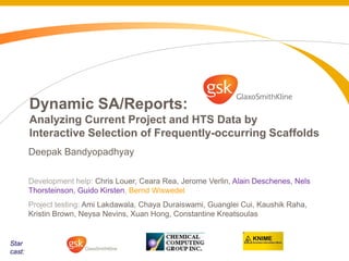 Dynamic SA/Reports:
Analyzing Current Project and HTS Data by
Interactive Selection of Frequently-occurring Scaffolds
Deepak Bandyopadhyay
Development help: Chris Louer, Ceara Rea, Jerome Verlin, Alain Deschenes, Nels
Thorsteinson, Guido Kirsten, Bernd Wiswedel
Project testing: Ami Lakdawala, Chaya Duraiswami, Guanglei Cui, Kaushik Raha,
Kristin Brown, Neysa Nevins, Xuan Hong, Constantine Kreatsoulas
Star
cast:
 