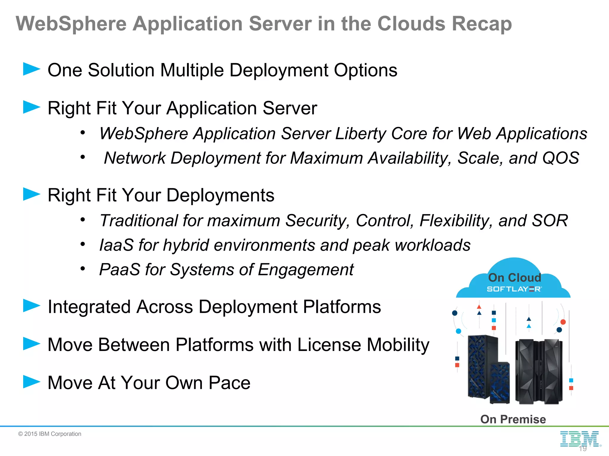 © 2015 IBM Corporation WebSphere Application Server in the Clouds Recap One Solution Multiple Deployment Options Right Fit Your Application Server • WebSphere Application Server Liberty Core for Web Applications • Network Deployment for Maximum Availability, Scale, and QOS Right Fit Your Deployments • Traditional for maximum Security, Control, Flexibility, and SOR • IaaS for hybrid environments and peak workloads • PaaS for Systems of Engagement Integrated Across Deployment Platforms Move Between Platforms with License Mobility Move At Your Own Pace On Premise On Cloud 19 