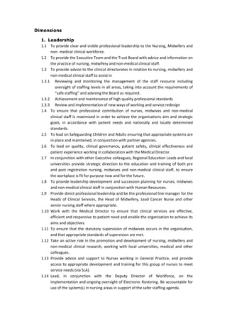 Dimensions
1. Leadership
1.1 To provide clear and visible professional leadership to the Nursing, Midwifery and
non- medical clinical workforce.
1.2 To provide the Executive Team and the Trust Board with advice and information on
the practice of nursing, midwifery and non-medical clinical staff.
1.3 To provide advice to the clinical directorates in relation to nursing, midwifery and
non-medical clinical staff to assist in
1.3.1 Reviewing and monitoring the management of the staff resource including
oversight of staffing levels in all areas, taking into account the requirements of
“safe staffing” and advising the Board as required.
1.3.2 Achievement and maintenance of high quality professional standards
1.3.3 Review and implementation of new ways of working and service redesign
1.4 To ensure that professional contribution of nurses, midwives and non-medical
clinical staff is maximised in order to achieve the organisations aim and strategic
goals, in accordance with patient needs and nationally and locally determined
standards.
1.5 To lead on Safeguarding Children and Adults ensuring that appropriate systems are
in place and maintained, in conjunction with partner agencies.
1.6 To lead on quality, clinical governance, patient safety, clinical effectiveness and
patient experience working in collaboration with the Medical Director.
1.7 In conjunction with other Executive colleagues, Regional Education Leads and local
universities provide strategic direction to the education and training of both pre
and post registration nursing, midwives and non-medical clinical staff, to ensure
the workplace is fit for purpose now and for the future.
1.8 To provide leadership development and succession planning for nurses, midwives
and non-medical clinical staff in conjunction with Human Resources.
1.9 Provide direct professional leadership and be the professional line manager for the
Heads of Clinical Services, the Head of Midwifery, Lead Cancer Nurse and other
senior nursing staff where appropriate.
1.10 Work with the Medical Director to ensure that clinical services are effective,
efficient and responsive to patient need and enable the organisation to achieve its
aims and objectives.
1.11 To ensure that the statutory supervision of midwives occurs in the organisation,
and that appropriate standards of supervision are met.
1.12 Take an active role in the promotion and development of nursing, midwifery and
non-medical clinical research, working with local universities, medical and other
colleagues.
1.13 Provide advice and support to Nurses working in General Practice, and provide
access to appropriate development and training for this group of nurses to meet
service needs (via SLA).
1.14 Lead, in conjunction with the Deputy Director of Workforce, on the
implementation and ongoing oversight of Electronic Rostering. Be accountable for
use of the system(s) in nursing areas in support of the safer staffing agenda.
 