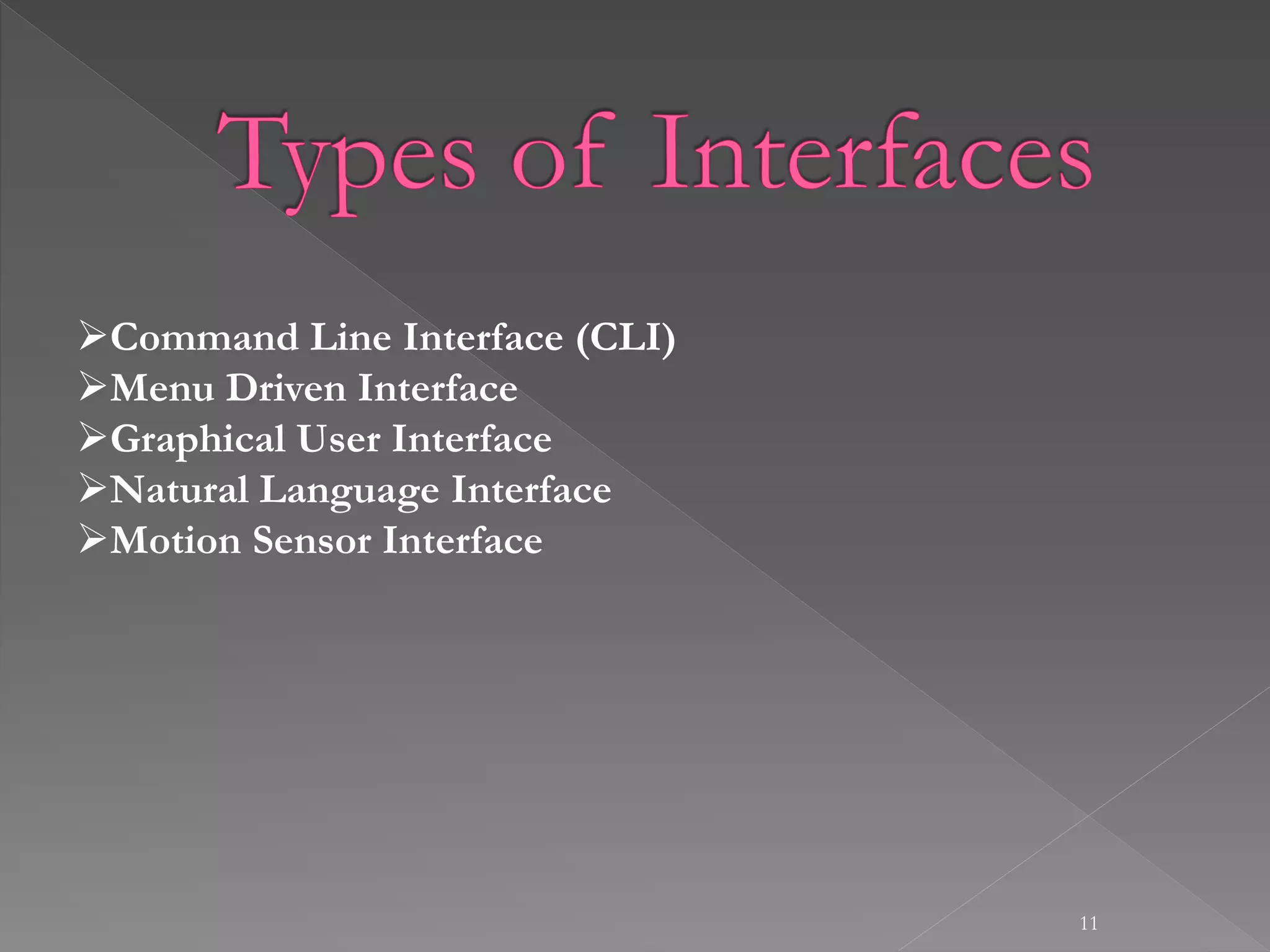 11
Command Line Interface (CLI)
Menu Driven Interface
Graphical User Interface
Natural Language Interface
Motion Sensor Interface
 