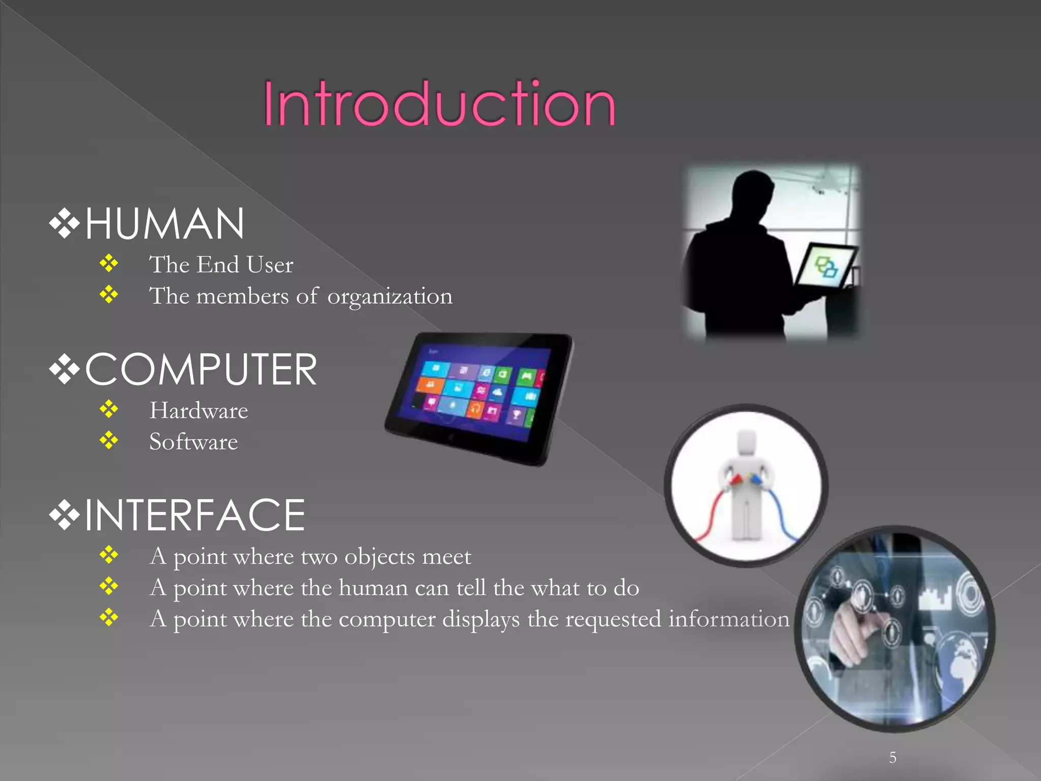 5
HUMAN
 The End User
 The members of organization
COMPUTER
 Hardware
 Software
INTERFACE
 A point where two objects meet
 A point where the human can tell the what to do
 A point where the computer displays the requested information
 